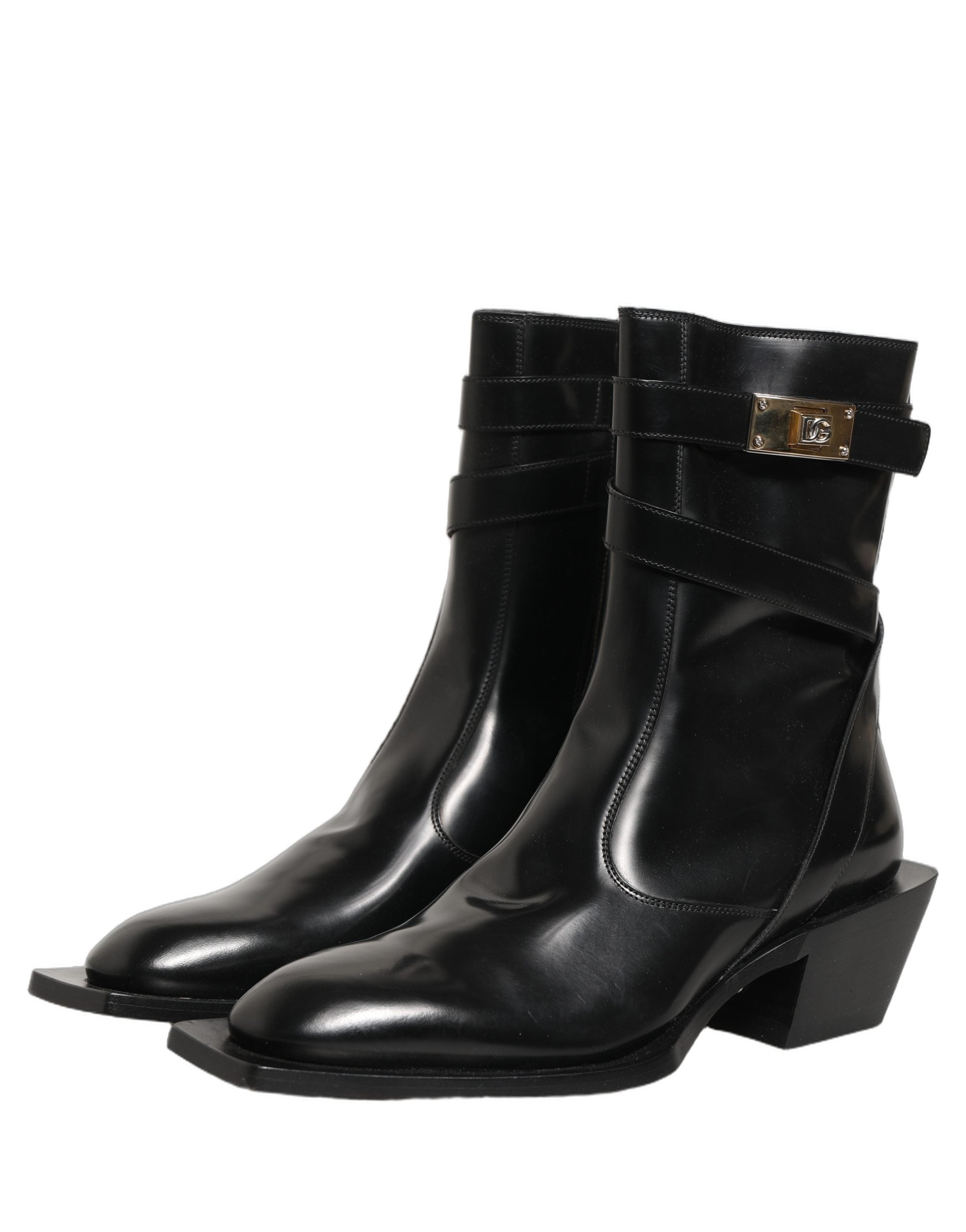 Dolce & Gabbana Black Leather DG Plaque Mid Calf Boots Shoes
