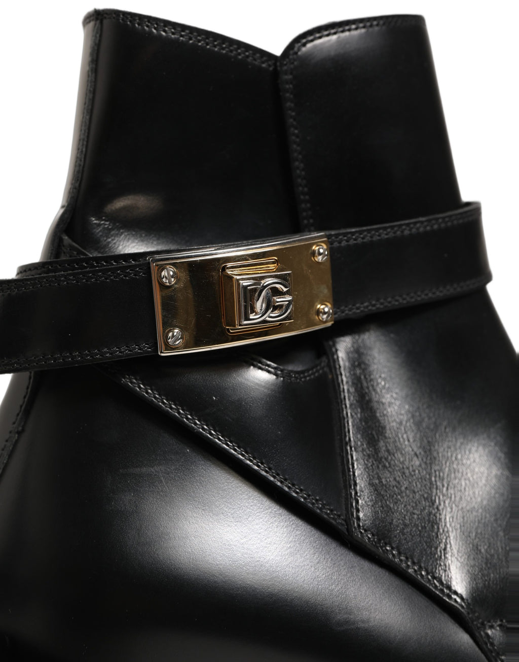 Dolce & Gabbana Black Leather DG Plaque Ankle Boots Shoes