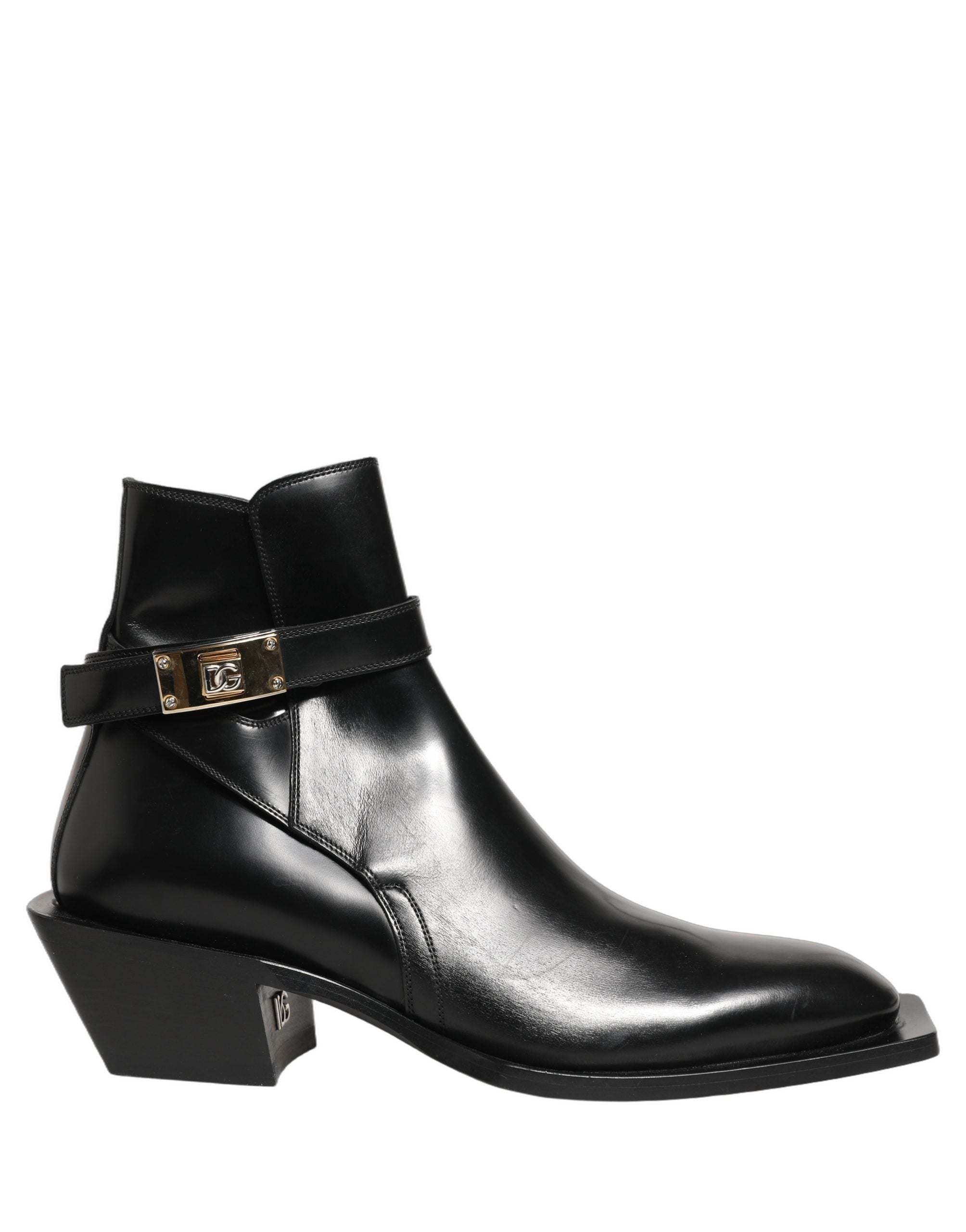 Dolce & Gabbana Black Leather DG Plaque Ankle Boots Shoes