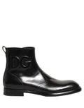 Dolce & Gabbana Black Leather Embossed Logo Ankle Boots Shoes