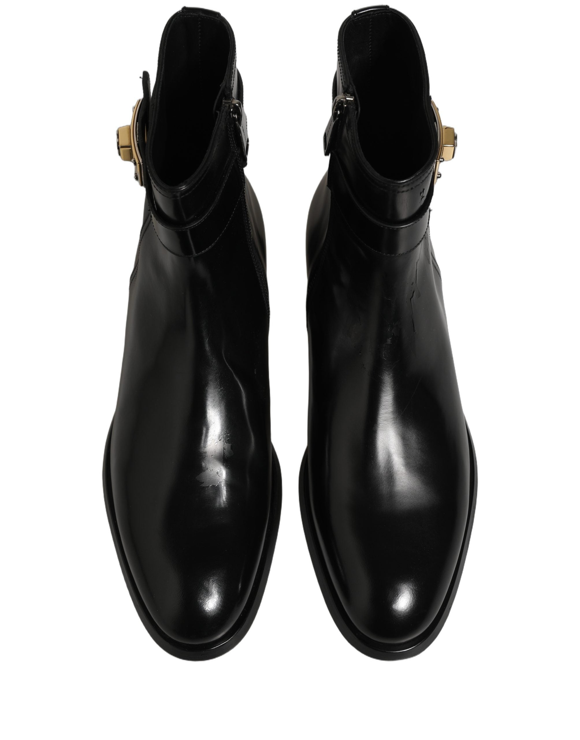 Dolce & Gabbana Black Leather Logo Buckle Mid Calf Boots Shoes