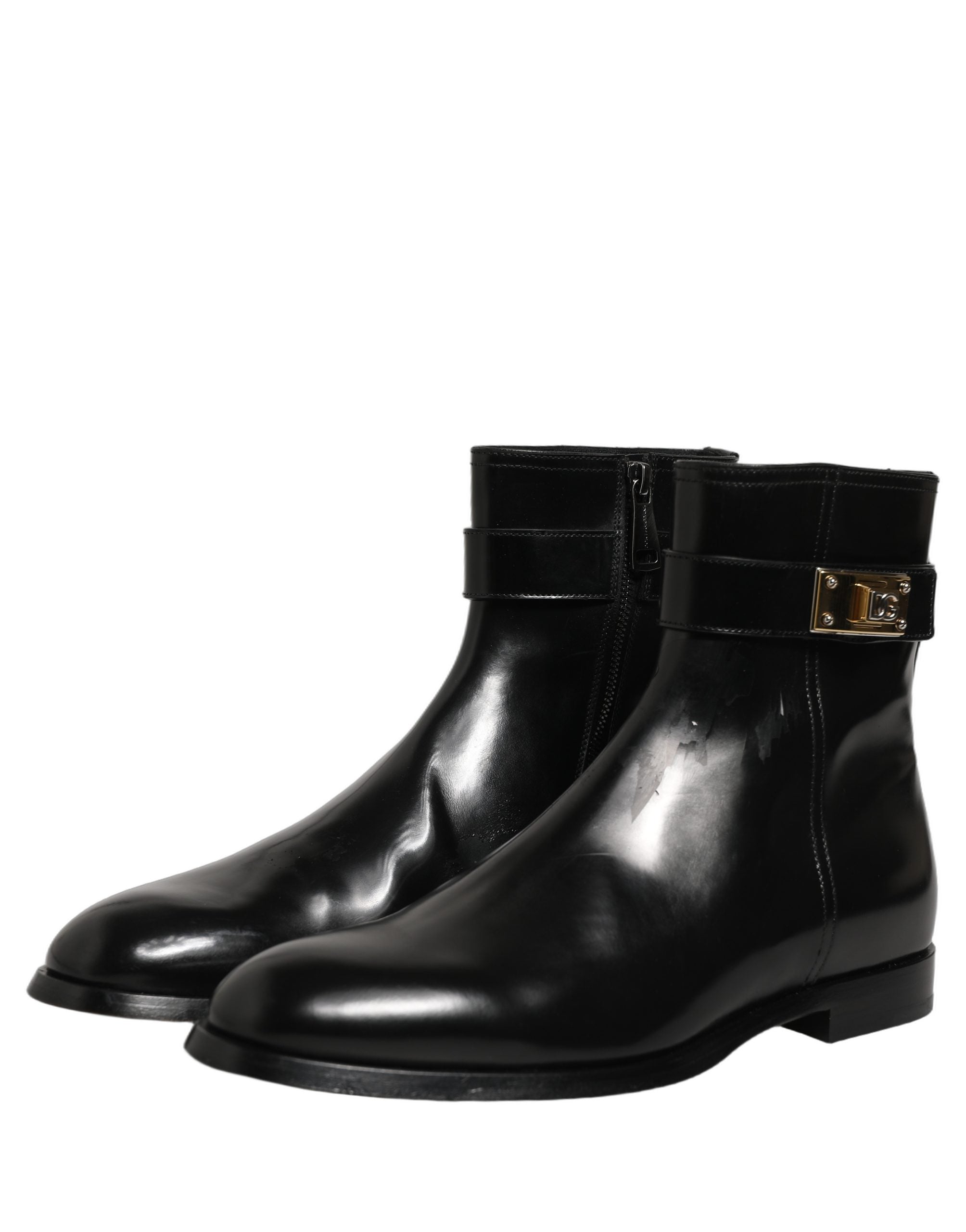 Dolce & Gabbana Black Leather Logo Buckle Mid Calf Boots Shoes