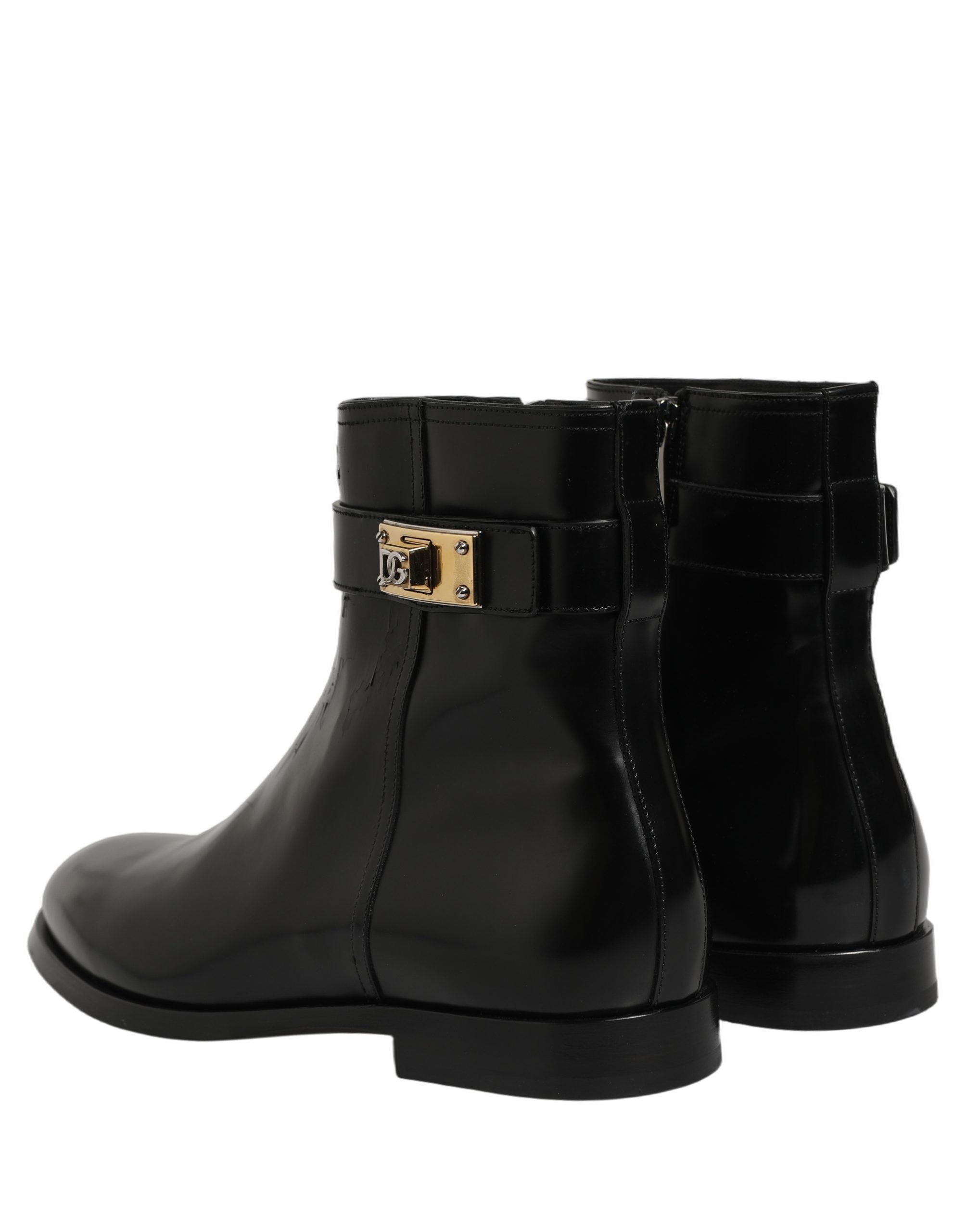 Dolce & Gabbana Black Leather Logo Buckle Mid Calf Boots Shoes