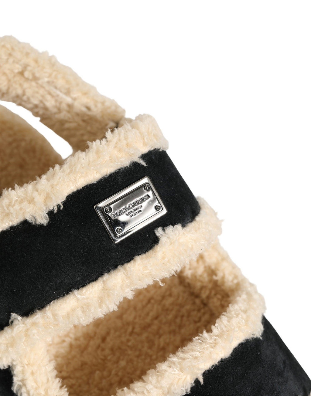 Dolce & Gabbana Beige Black Faux Fur Flats Men Sandals Shoes