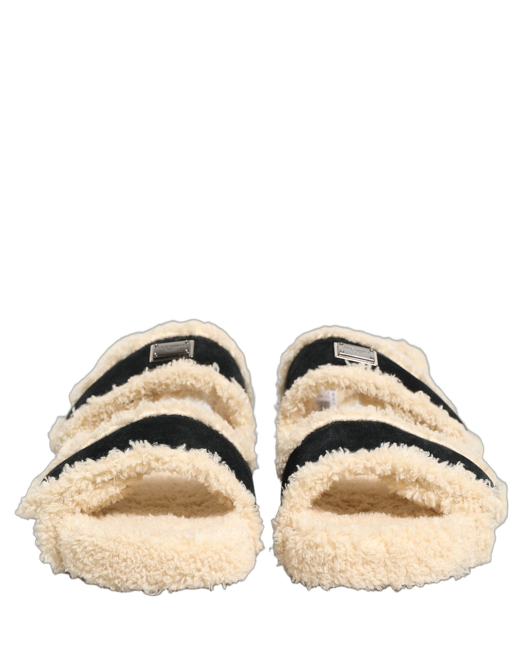 Dolce & Gabbana Beige Black Faux Fur Flats Men Sandals Shoes