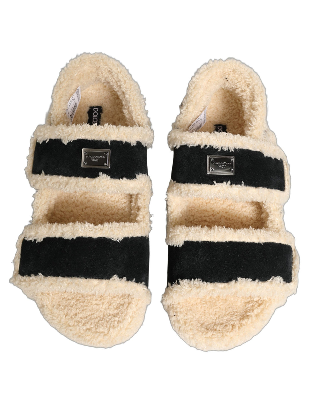 Dolce & Gabbana Beige Black Faux Fur Flats Men Sandals Shoes