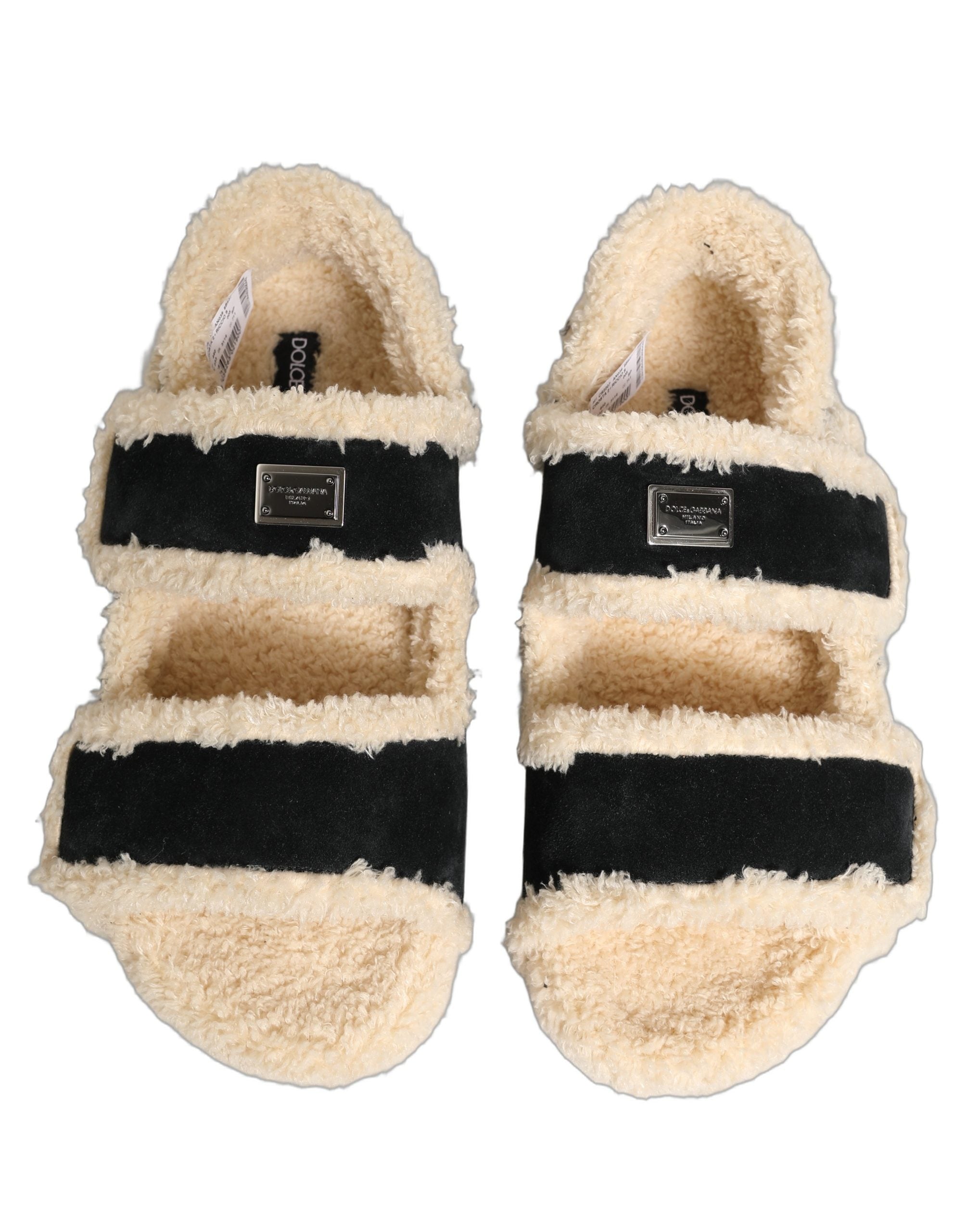 Dolce & Gabbana Beige Black Faux Fur Flats Men Sandals Shoes