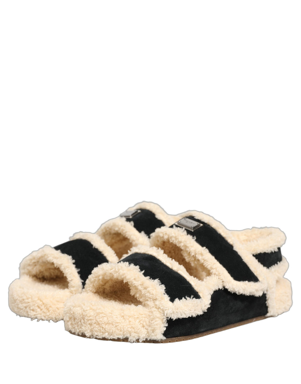 Dolce & Gabbana Beige Black Faux Fur Flats Men Sandals Shoes