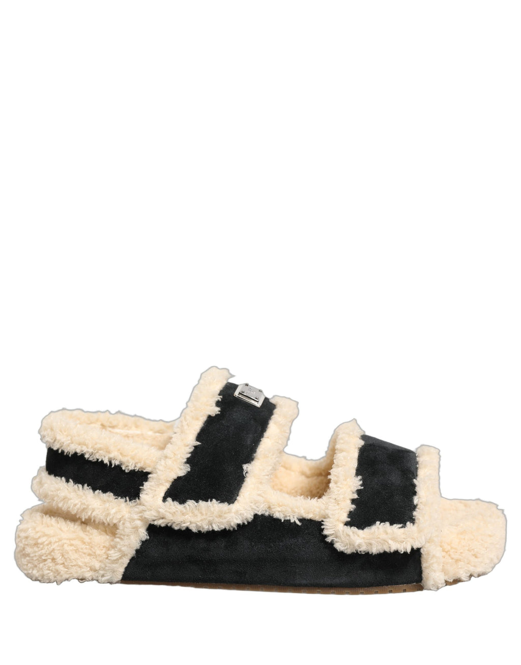 Dolce & Gabbana Beige Black Faux Fur Flats Men Sandals Shoes