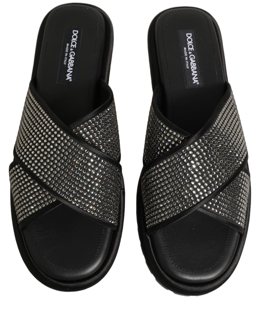 Dolce & Gabbana Black Strass Criss Cross Slide Sandals Shoes