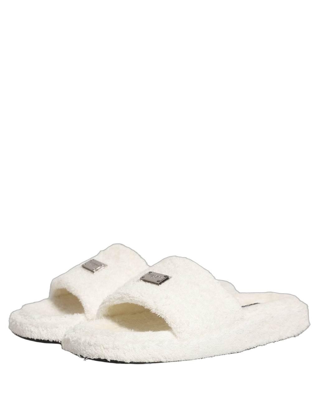 Dolce & Gabbana White Faux Fur Flats Men Slides Sandals Shoes
