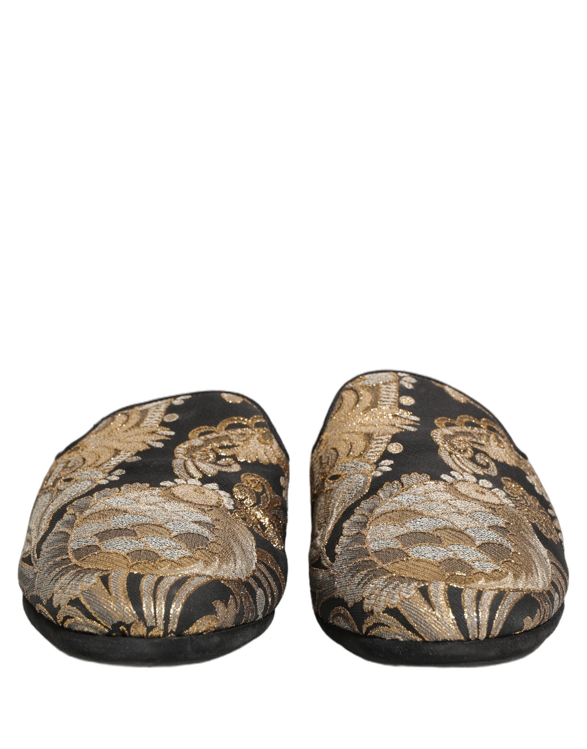 Dolce & Gabbana Black Floral Jacquard Flats Sandals Men Shoes