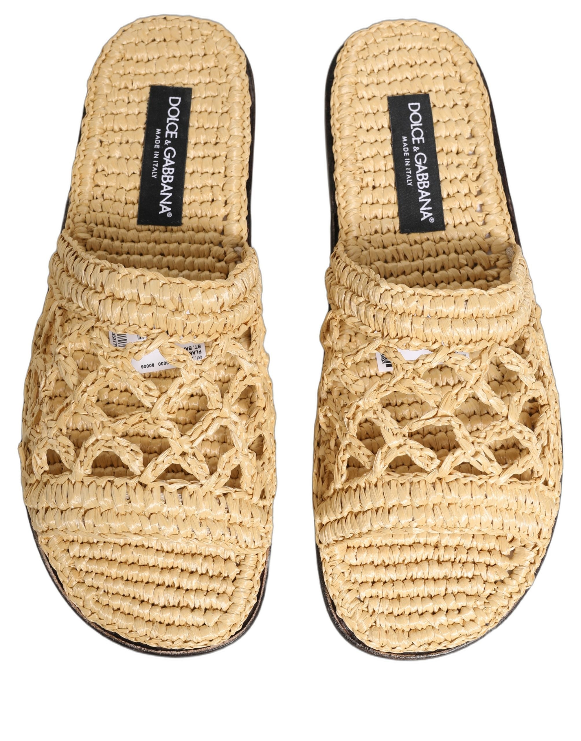 Dolce & Gabbana Beige Straw Raffia Slides Sandals Flats Shoes