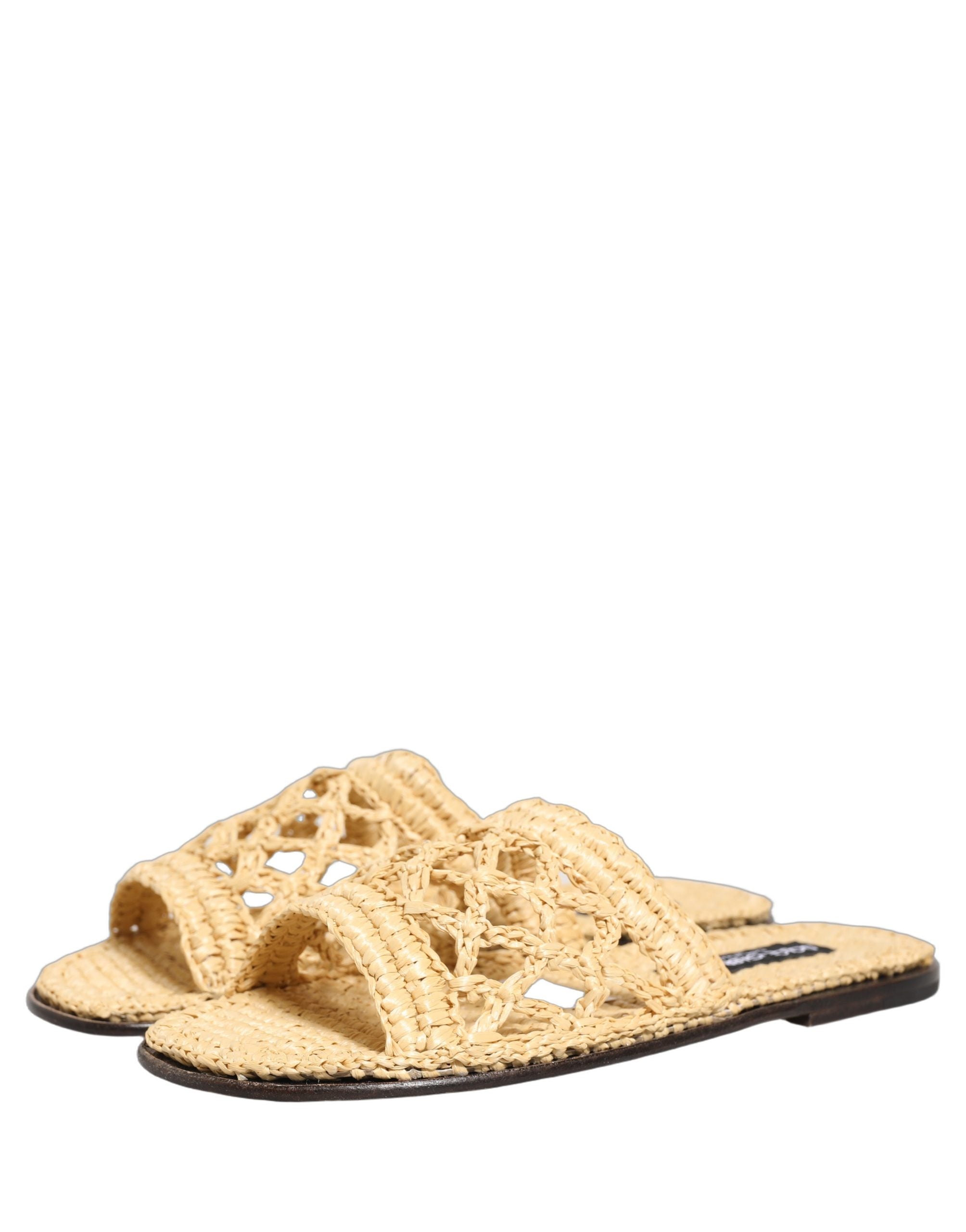 Dolce & Gabbana Beige Straw Raffia Slides Sandals Flats Shoes
