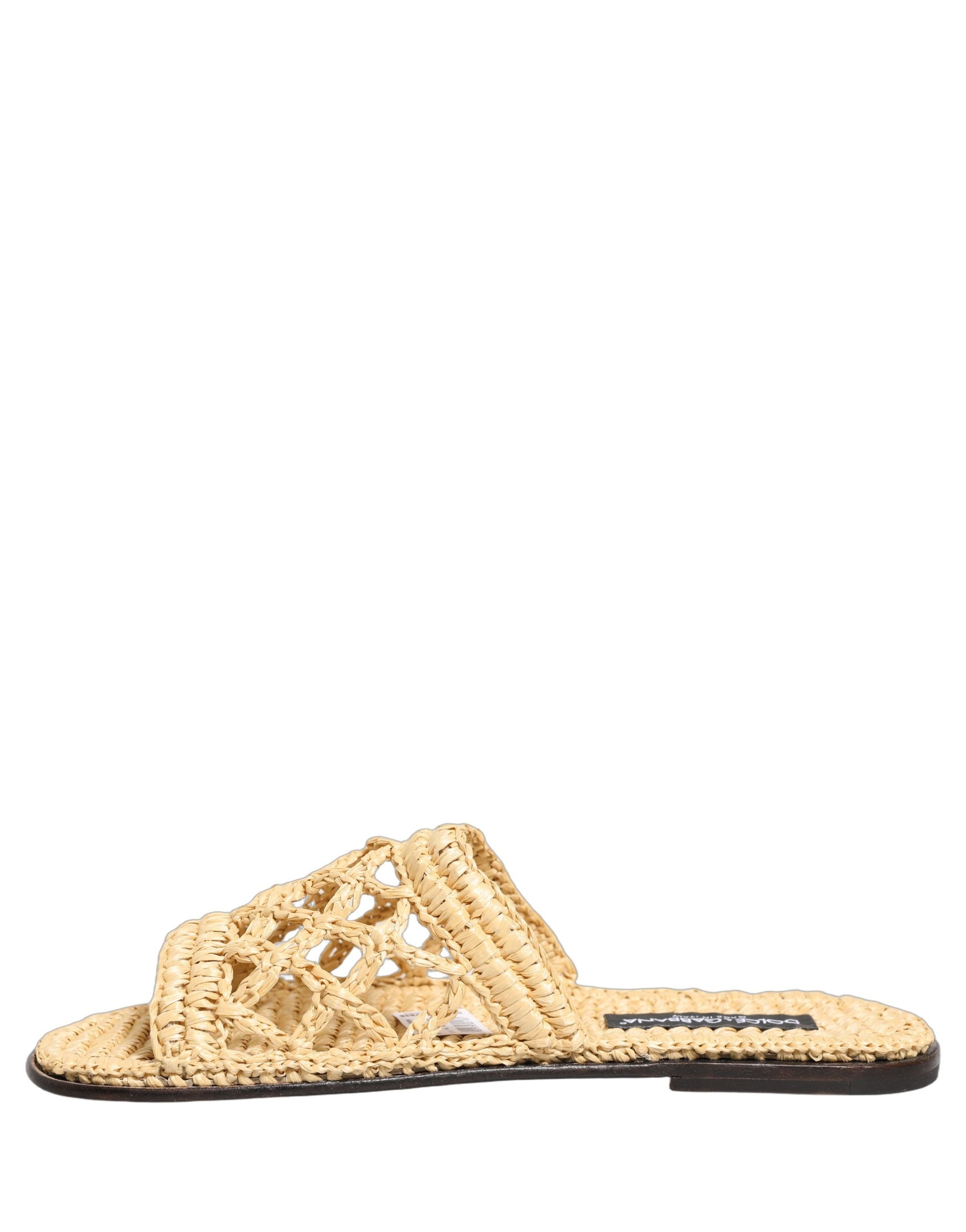 Dolce & Gabbana Beige Straw Raffia Slides Sandals Flats Shoes