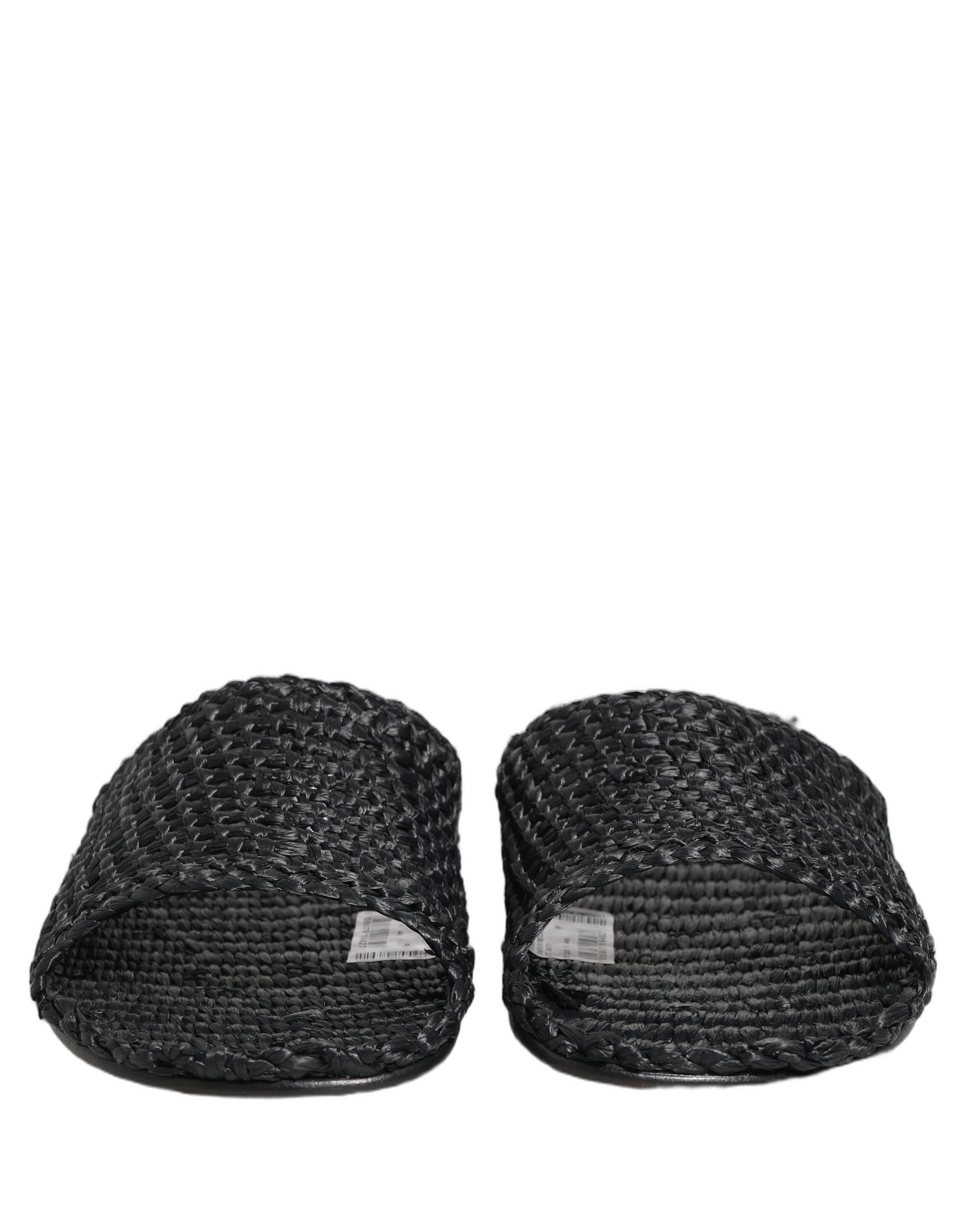 Dolce & Gabbana Black Straw Raffia Slides Sandals Flats Shoes