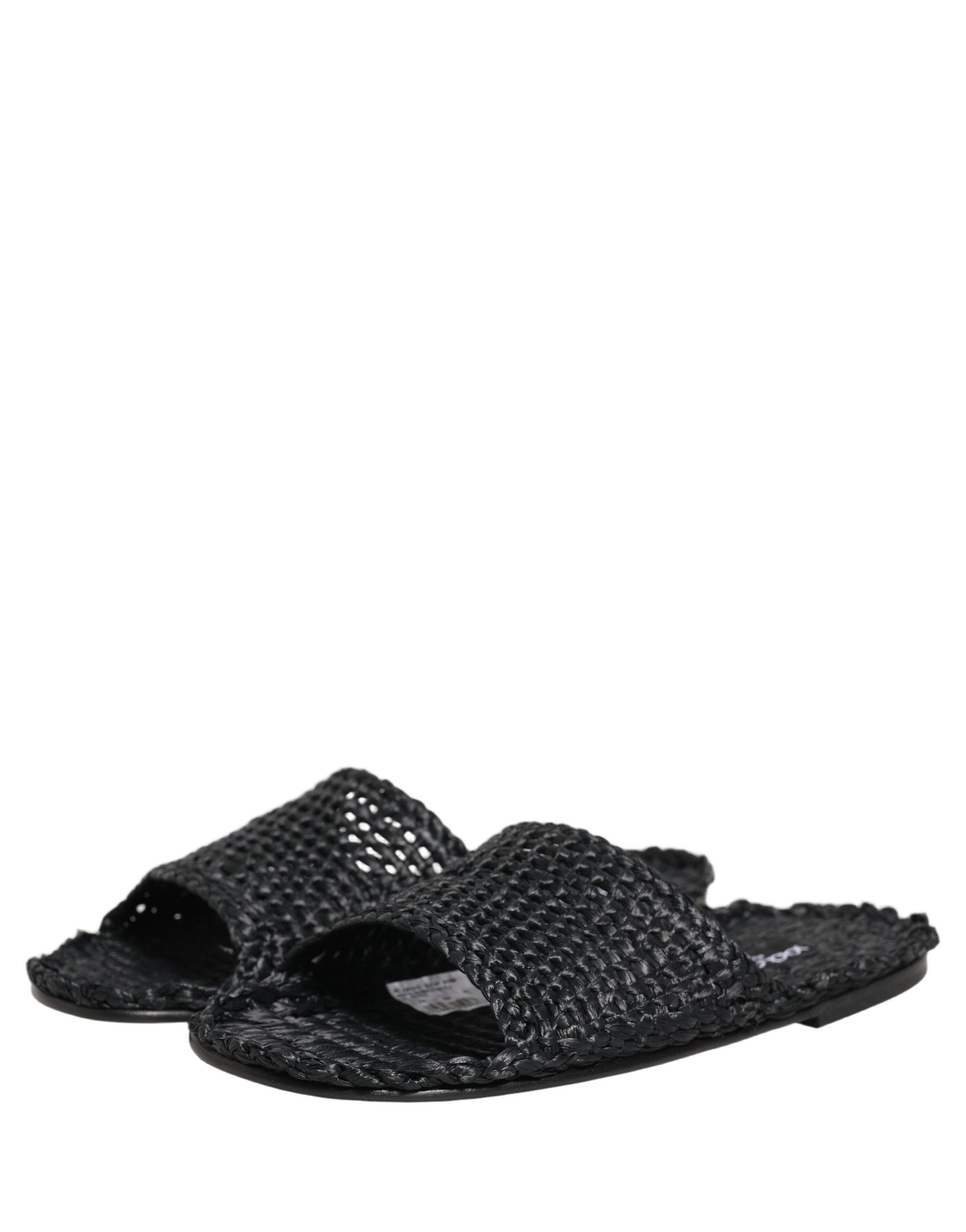Dolce & Gabbana Black Straw Raffia Slides Sandals Flats Shoes