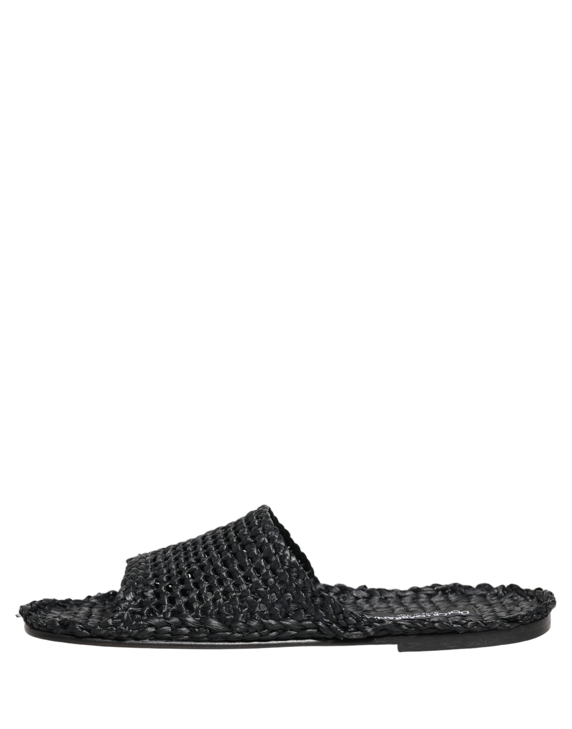 Dolce & Gabbana Black Straw Raffia Slides Sandals Flats Shoes