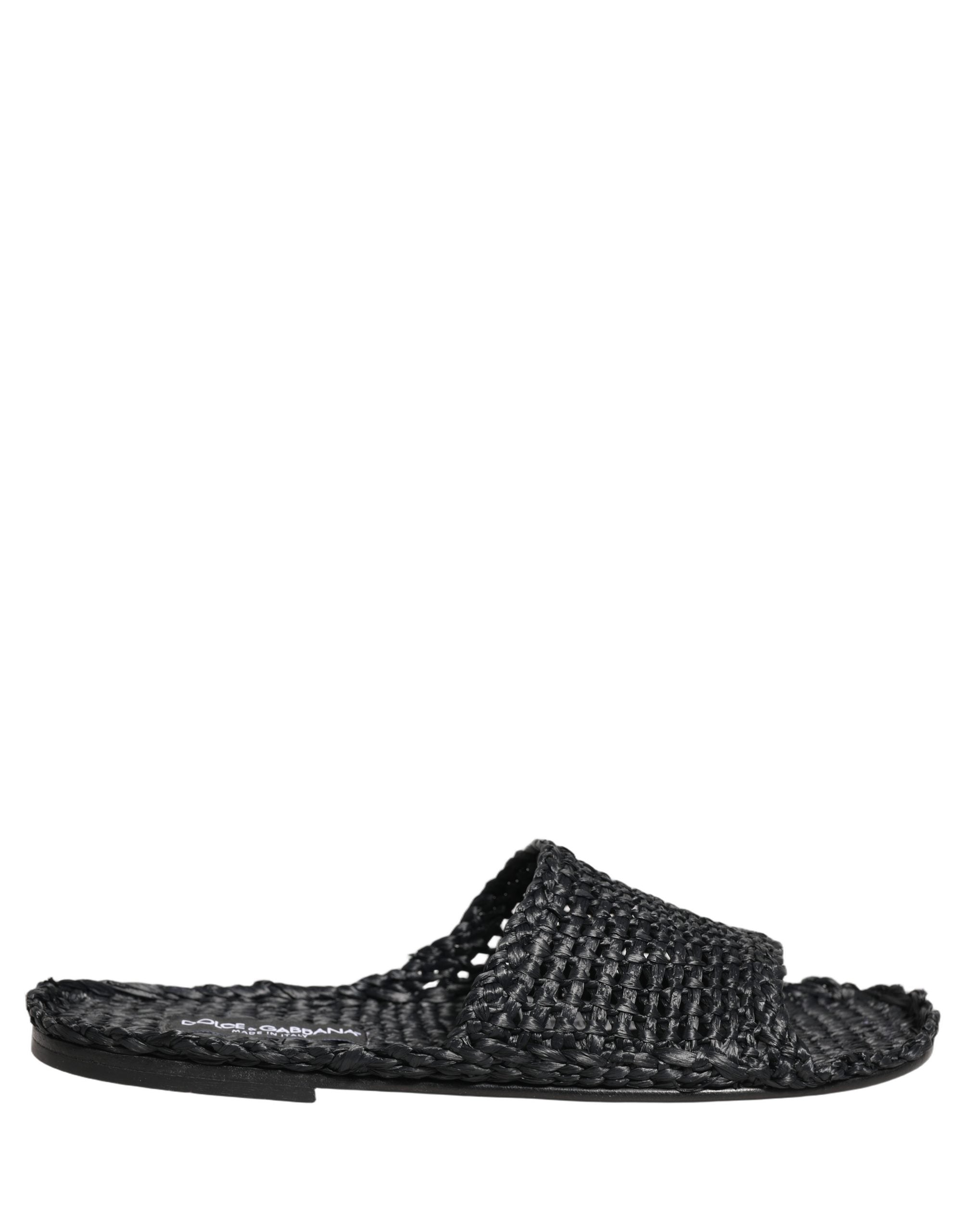 Dolce & Gabbana Black Straw Raffia Slides Sandals Flats Shoes