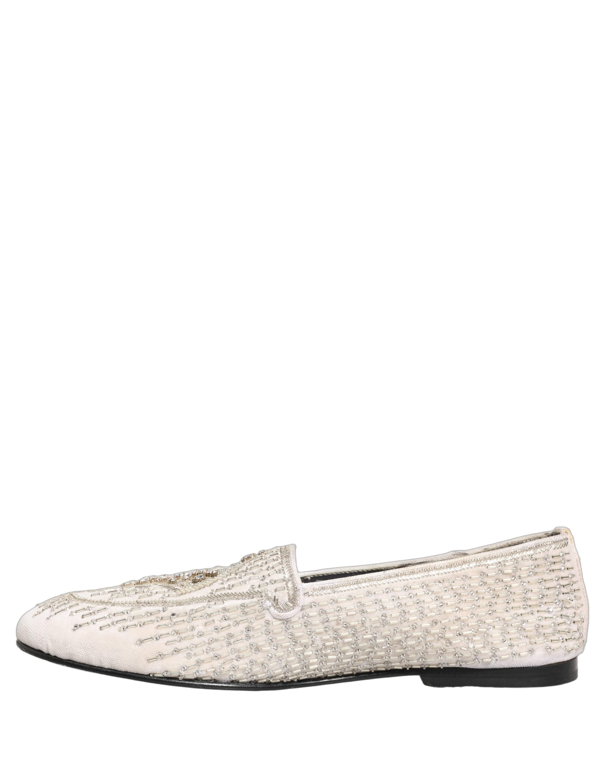 Dolce & Gabbana White Satin Embellished Dress Loafers Shoes