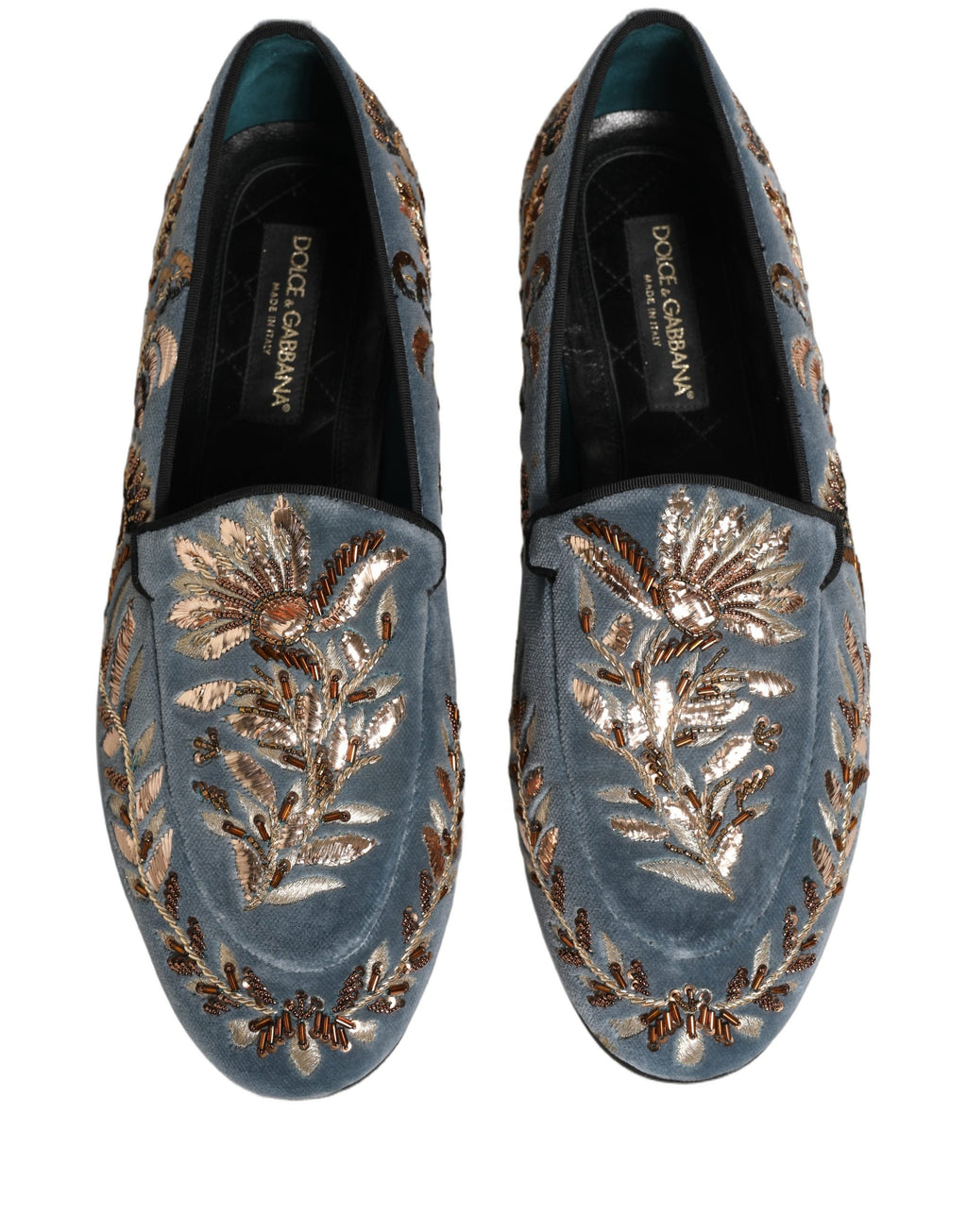 Dolce & Gabbana Blue Velvet Embellished Dress Loafers Shoes