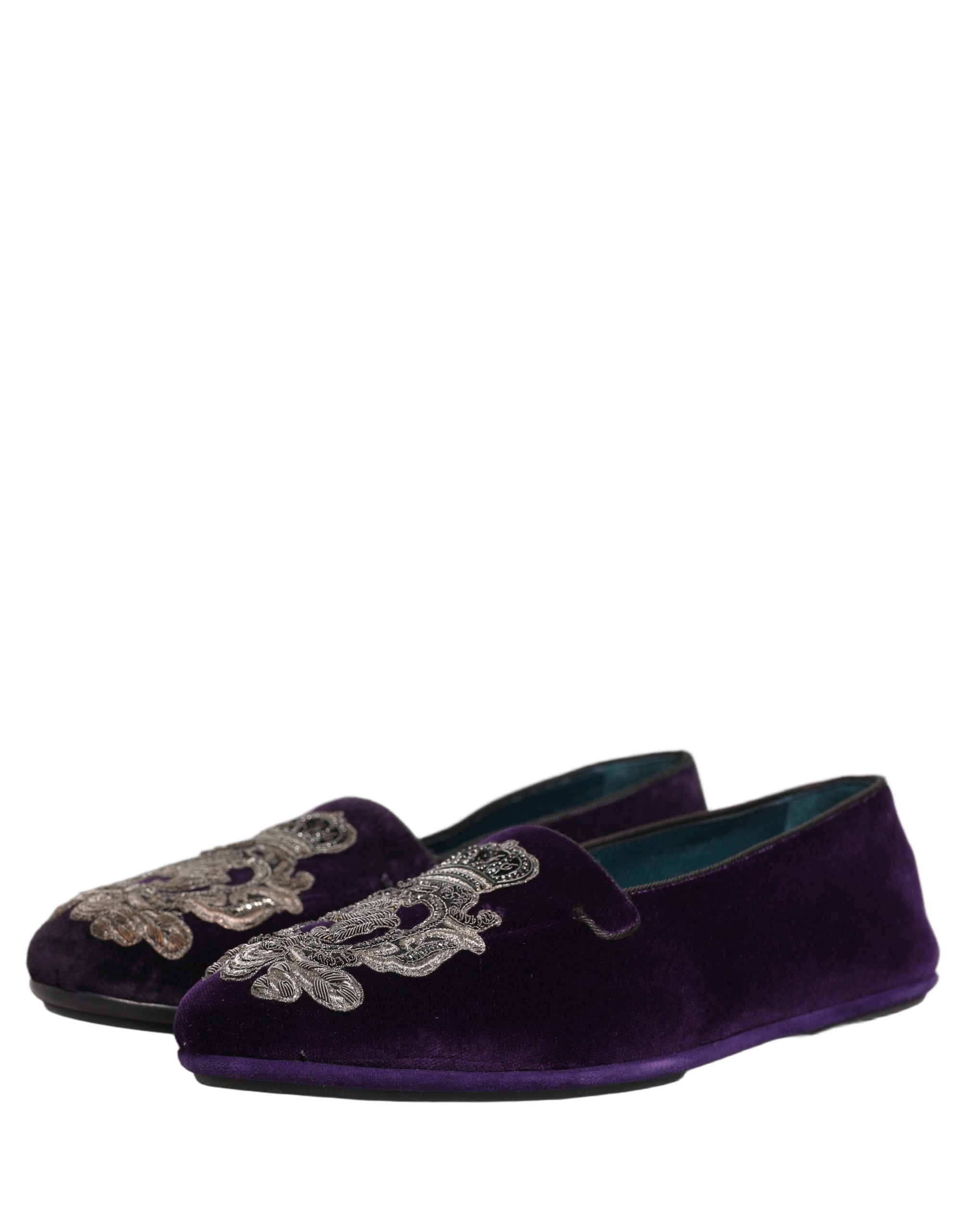 Dolce & Gabbana Purple Velvet Crown Embroidery Loafers Shoes