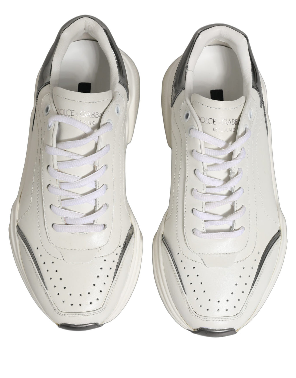 Dolce & Gabbana White Silver Daymaster Leather Low Top Sneakers Shoes