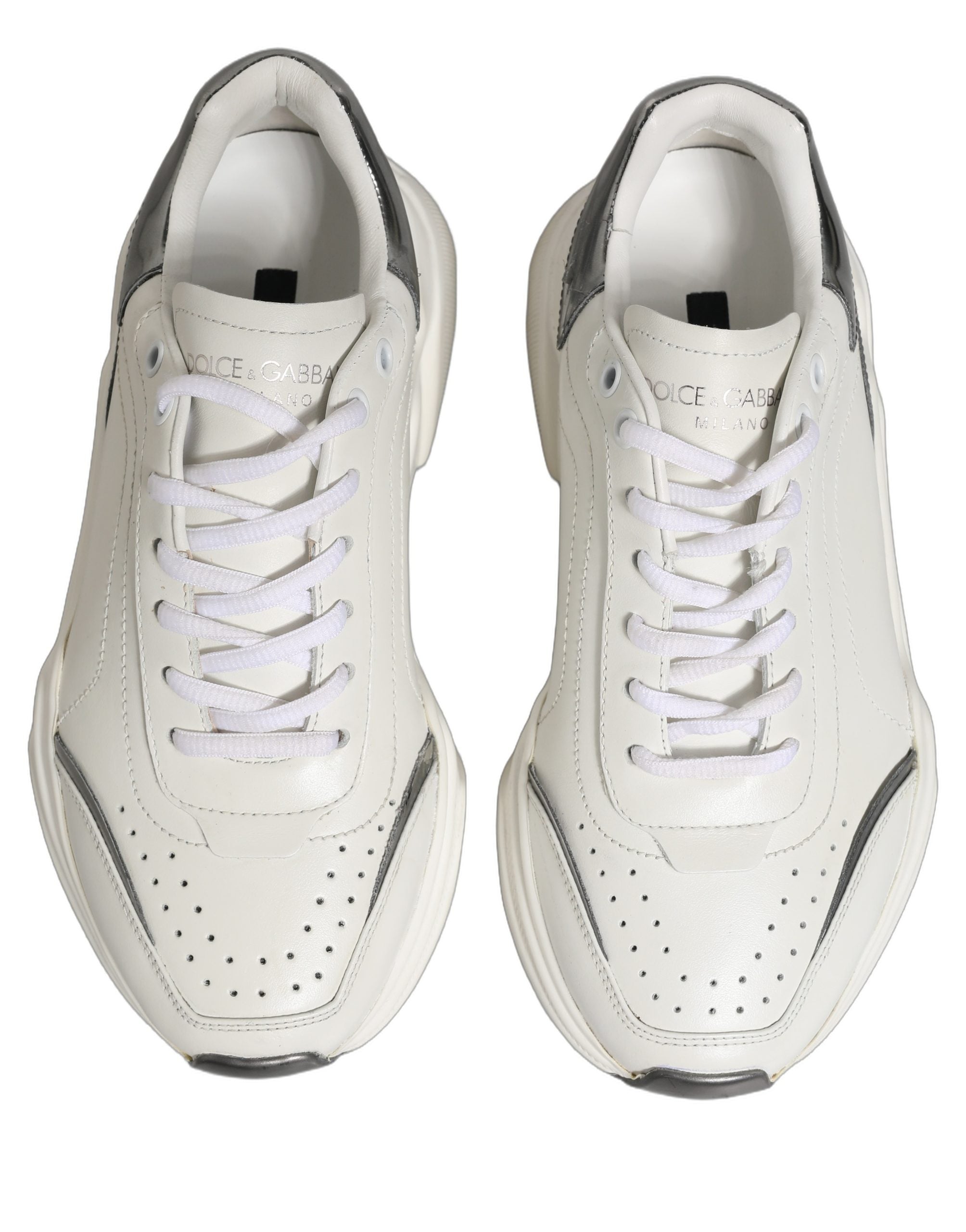 Dolce & Gabbana White Silver Daymaster Leather Low Top Sneakers Shoes