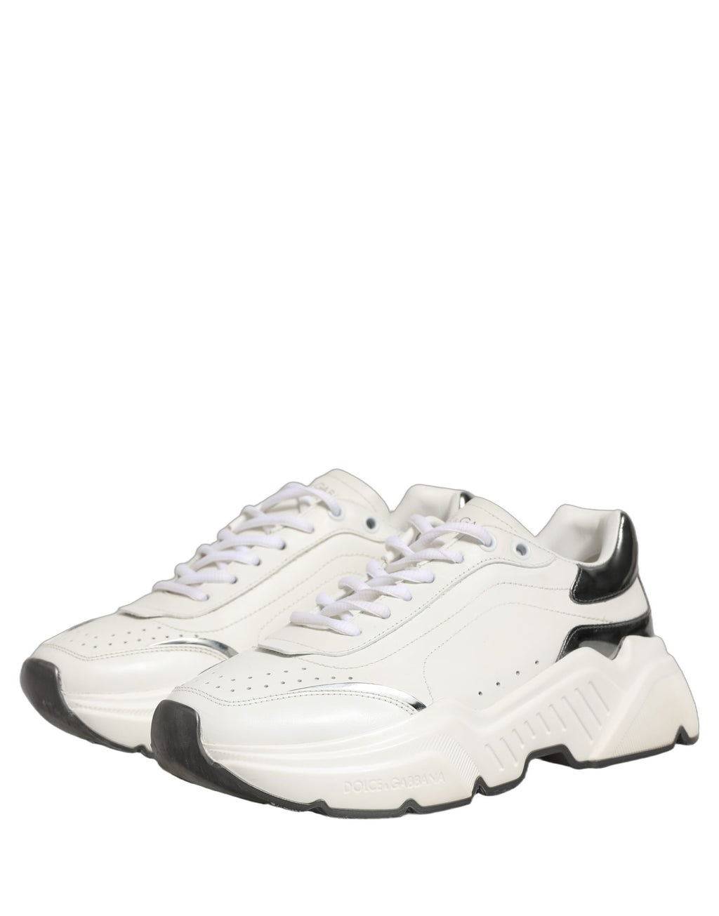 Dolce & Gabbana White Silver Daymaster Leather Low Top Sneakers Shoes