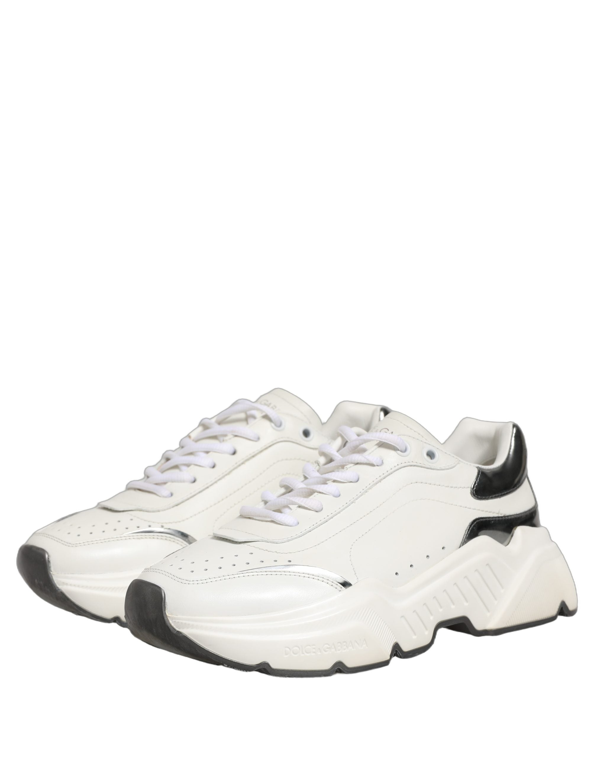 Dolce & Gabbana White Silver Daymaster Leather Low Top Sneakers Shoes