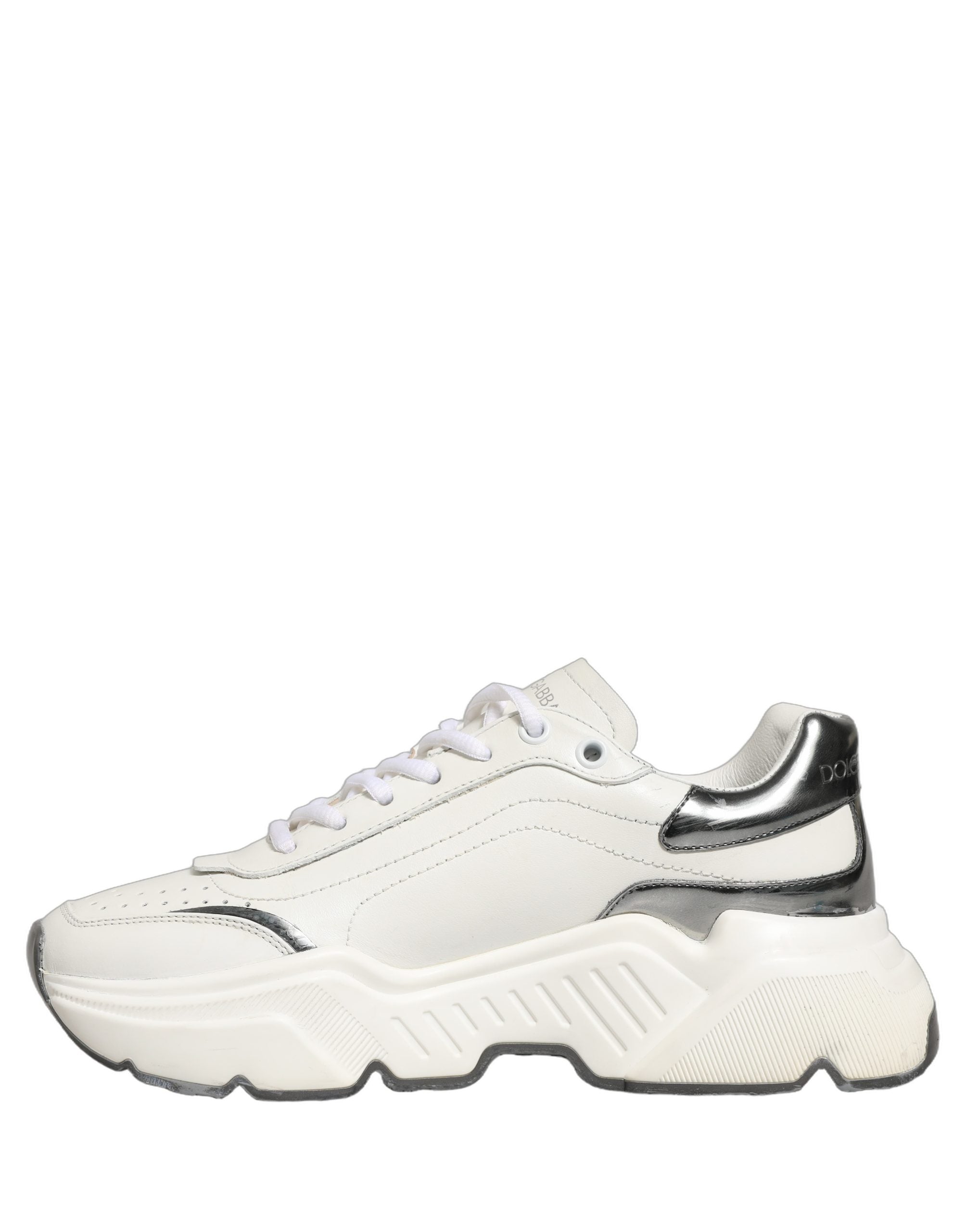 Dolce & Gabbana White Silver Daymaster Leather Low Top Sneakers Shoes