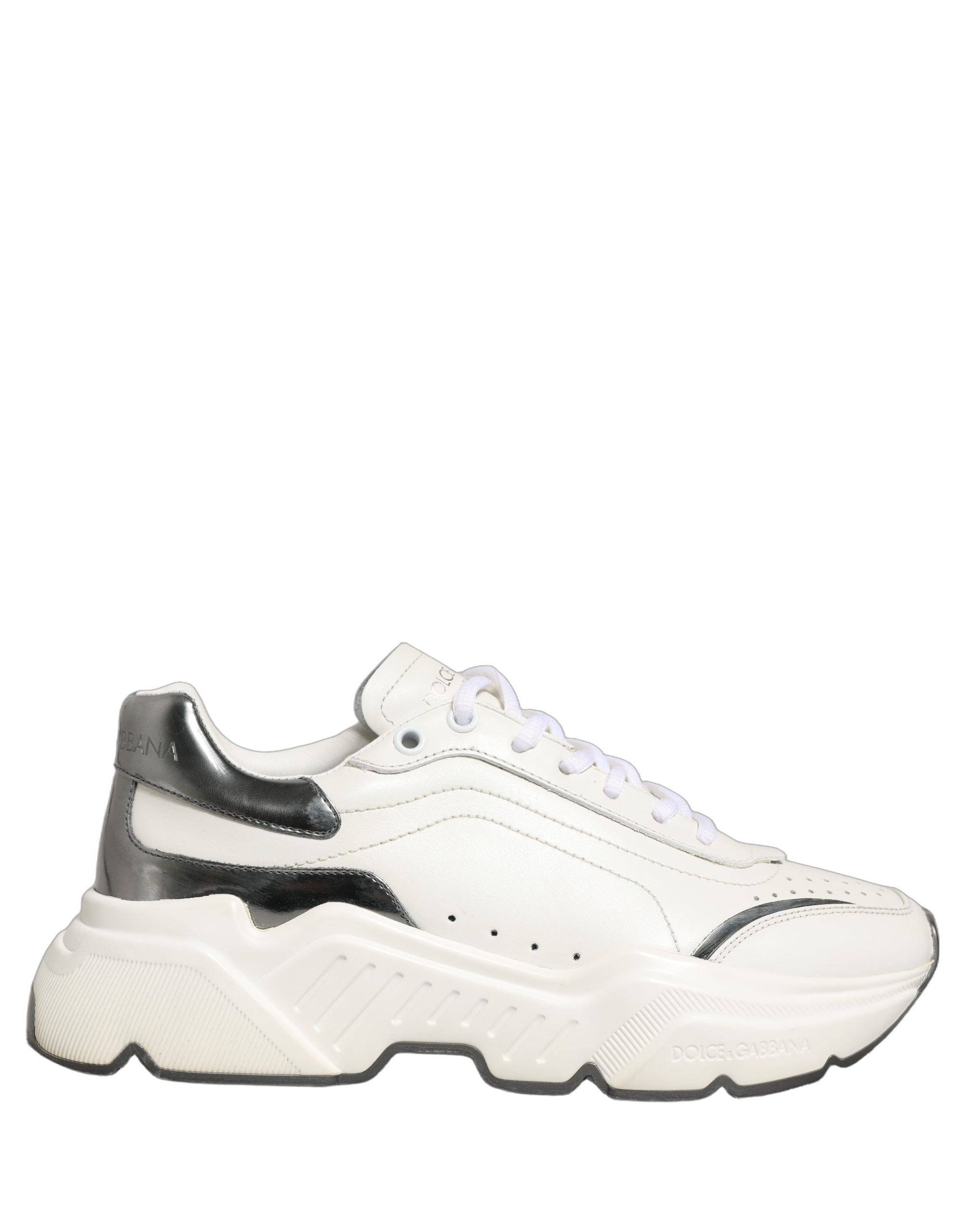 Dolce & Gabbana White Silver Daymaster Leather Low Top Sneakers Shoes