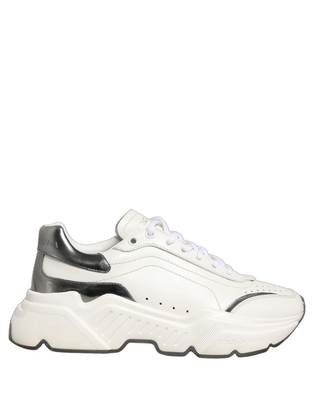 Dolce & Gabbana White Silver Daymaster Leather Low Top Sneakers Shoes