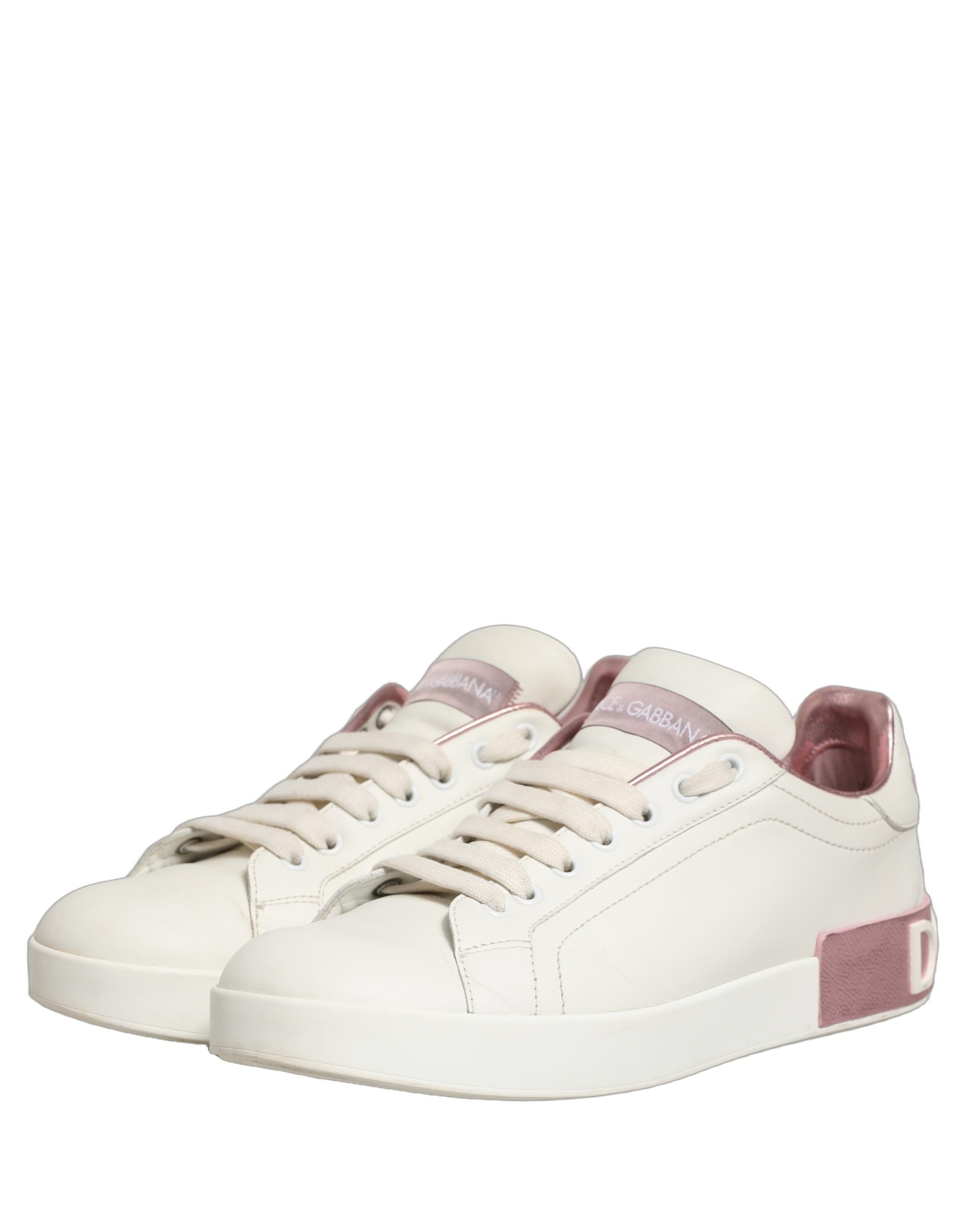 Dolce & Gabbana White Pink Leather Low Top Sneakers Shoes