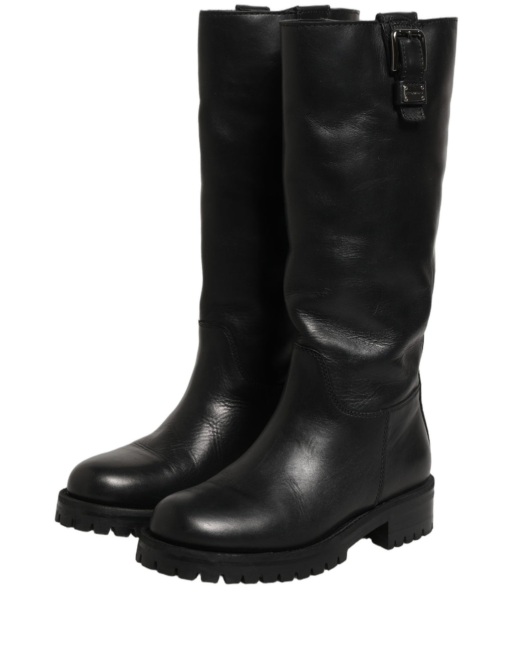 Dolce & Gabbana Black Leather Buckle Detail Mid Calf Boots Shoes