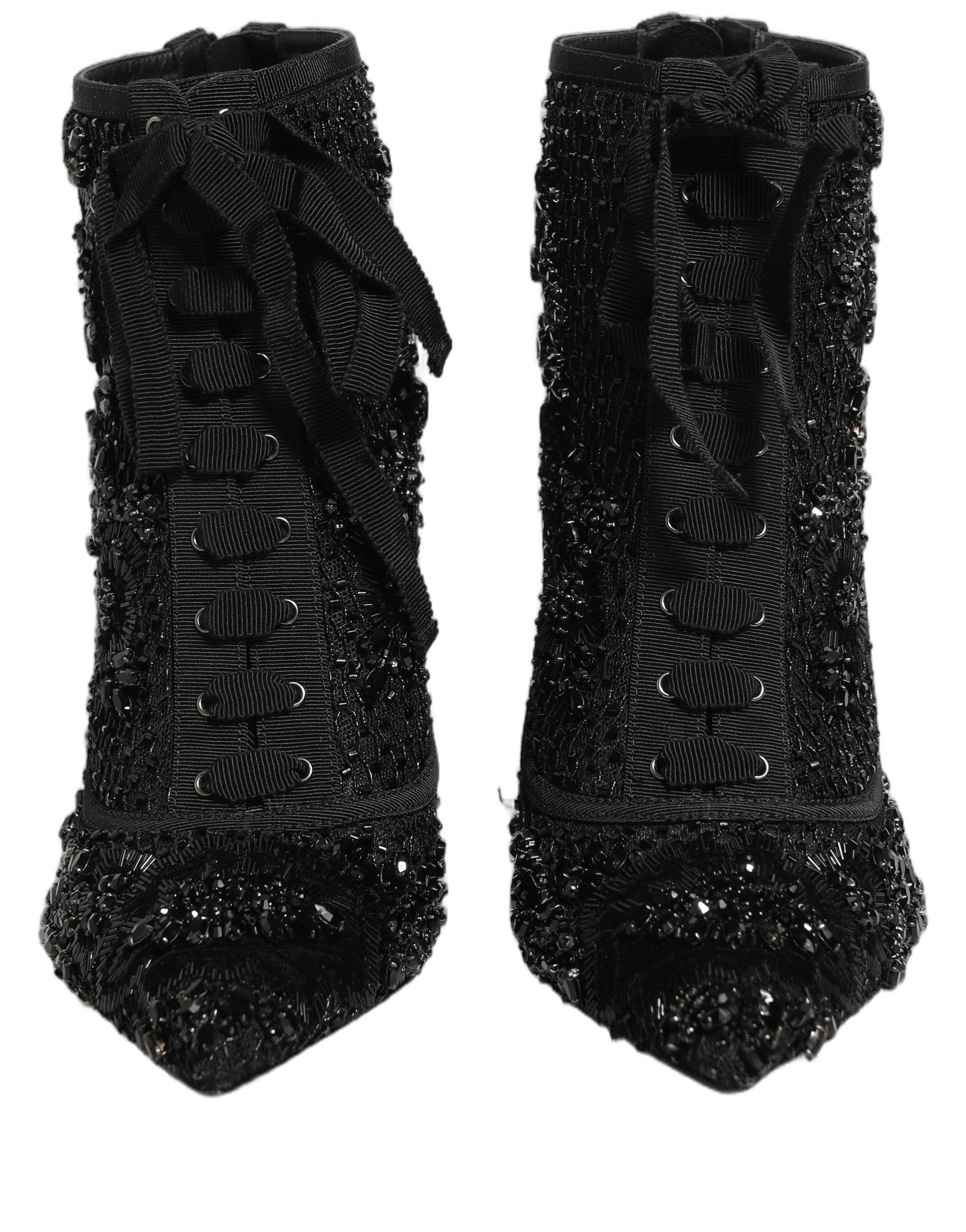 Dolce & Gabbana Black Embellished Mesh Ankle Boots Shoes