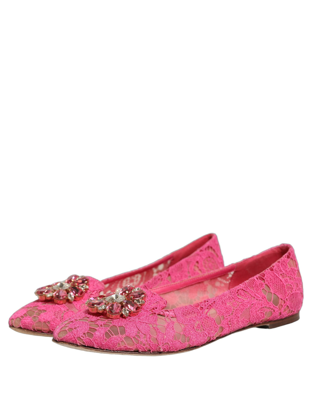 Dolce & Gabbana Pink Taormina Lace Crystals Flats Shoes