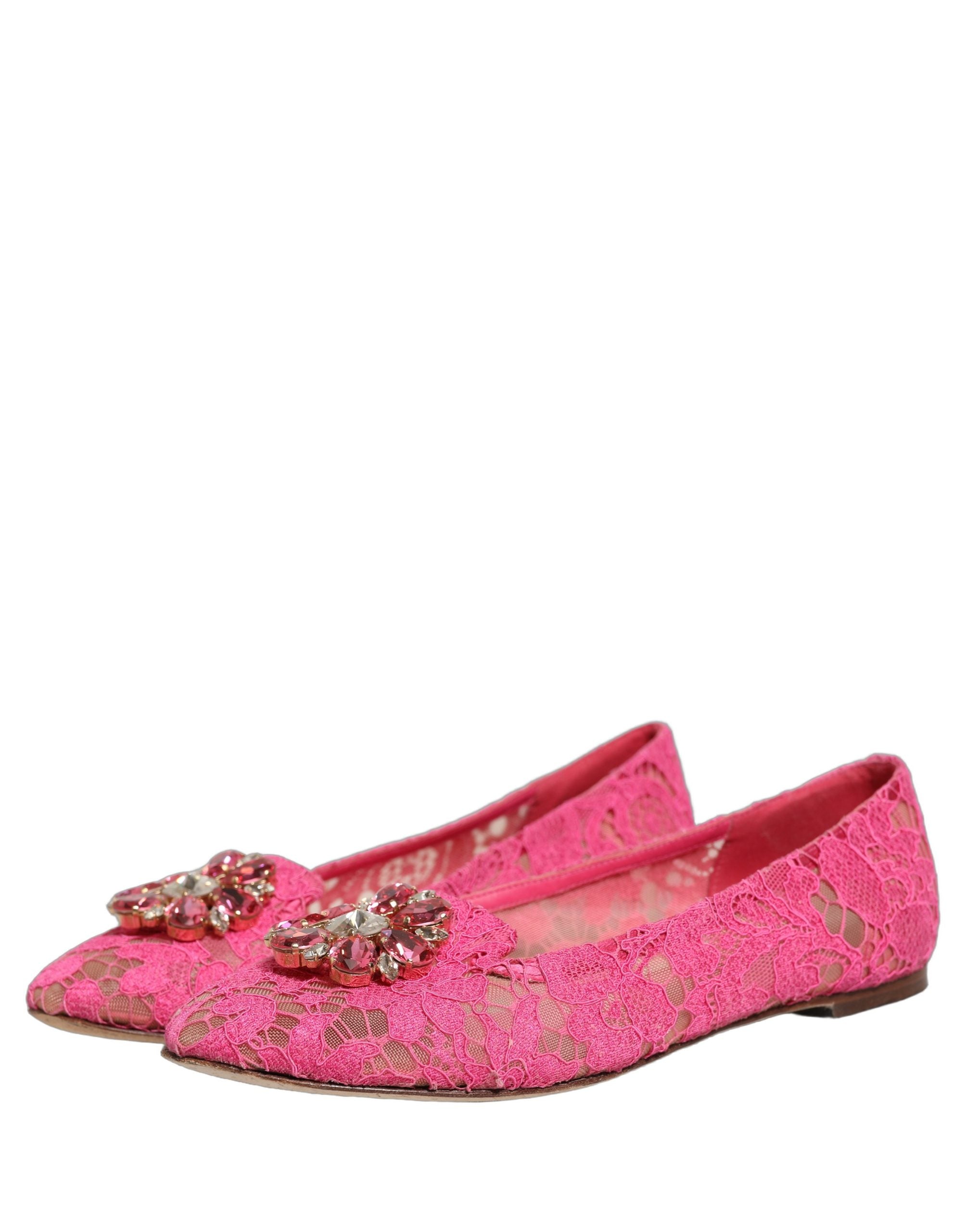 Dolce & Gabbana Pink Taormina Lace Crystals Flats Shoes