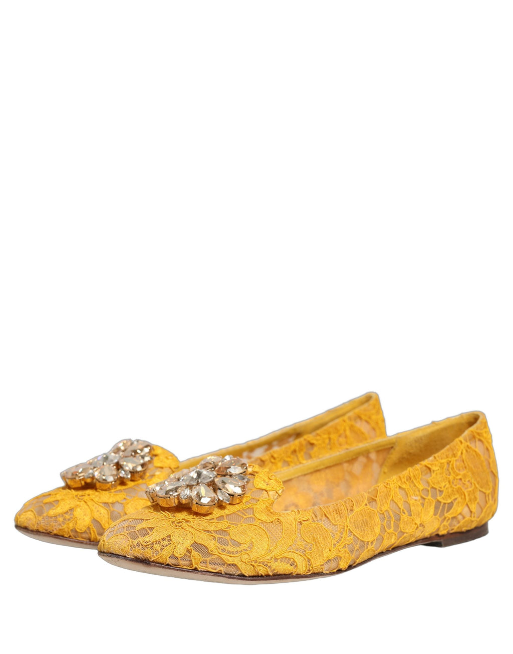 Dolce & Gabbana Yellow Taormina Lace Crystals Flats Shoes