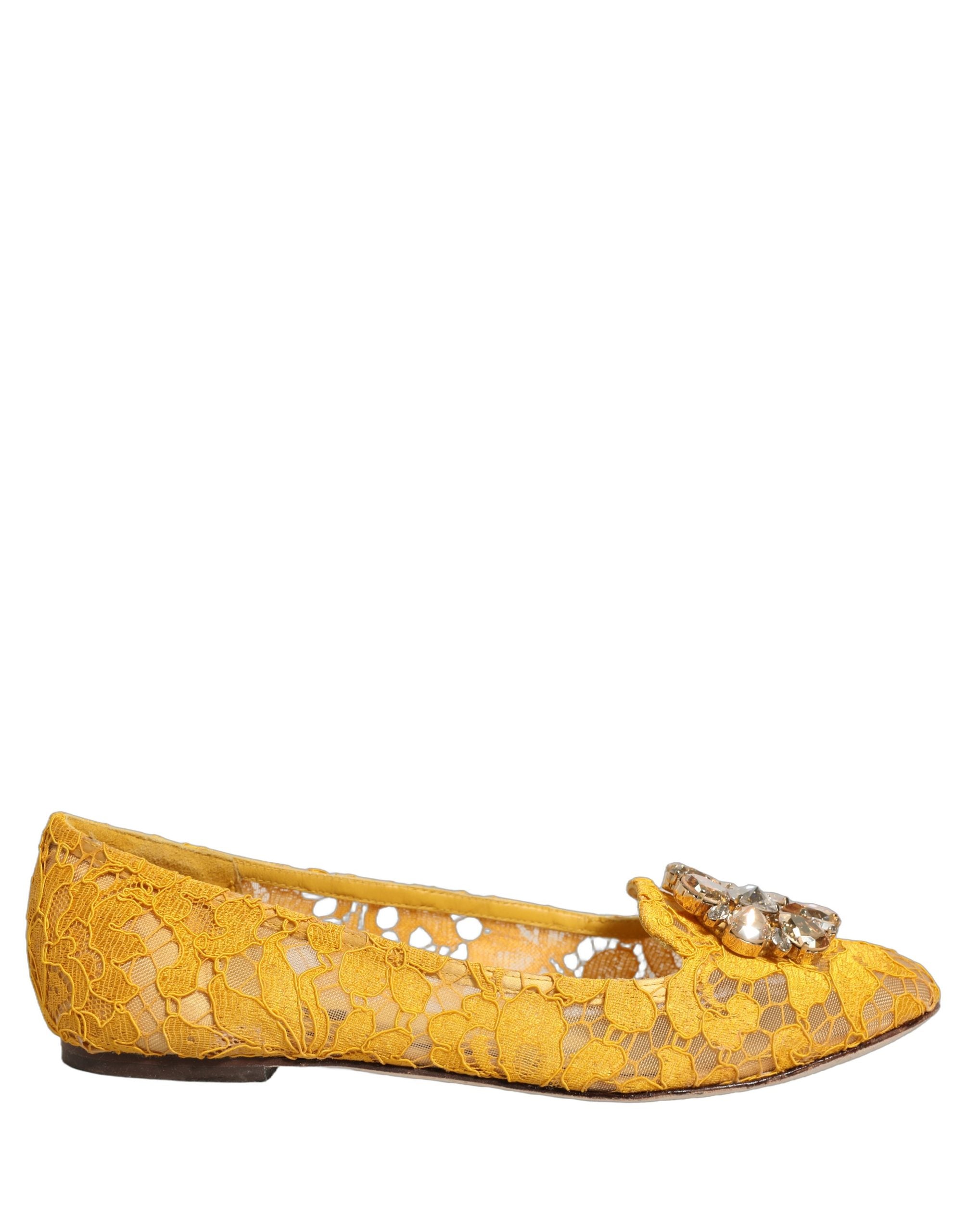 Dolce & Gabbana Yellow Taormina Lace Crystals Flats Shoes