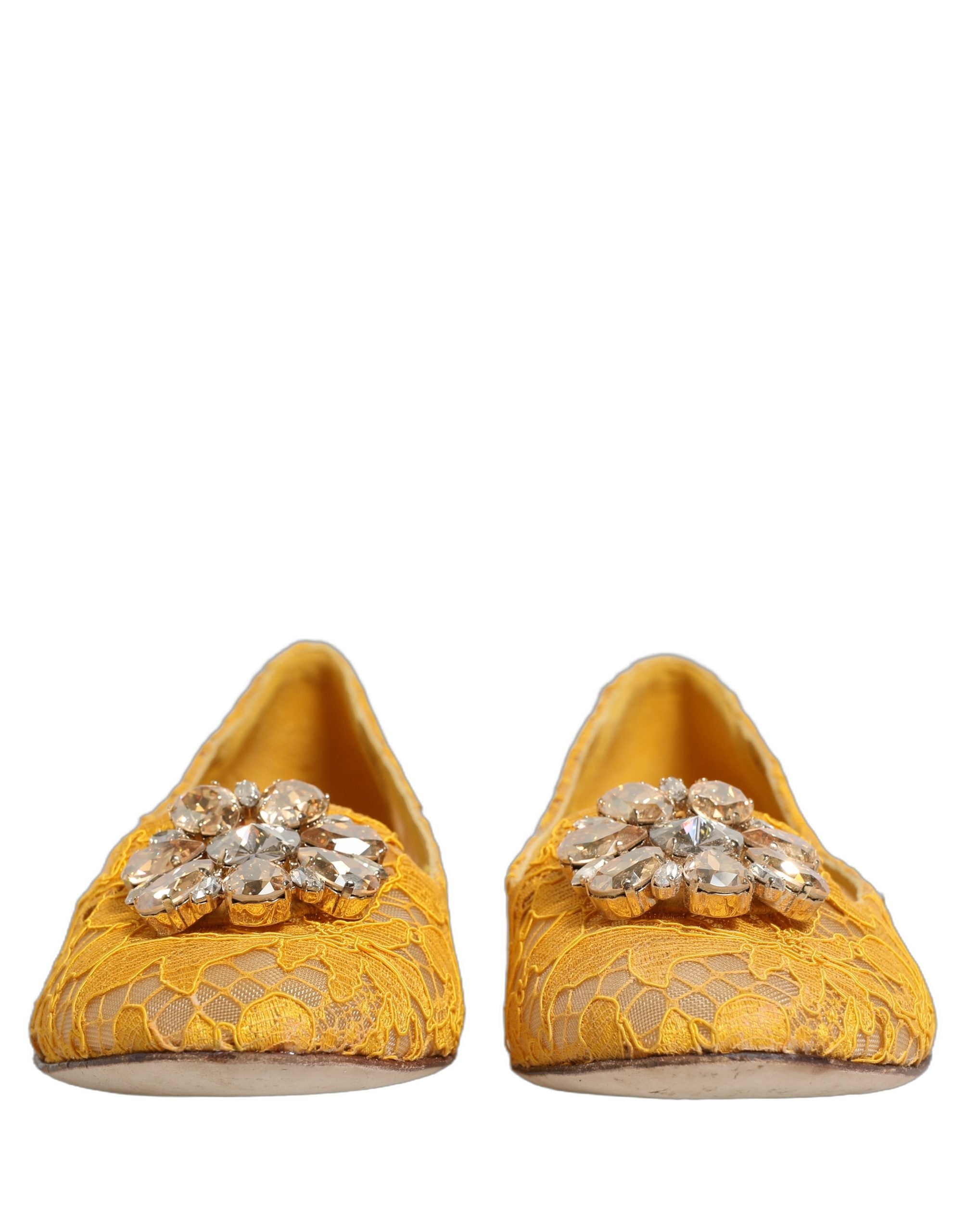 Dolce & Gabbana Yellow Taormina Lace Crystals Flats Shoes