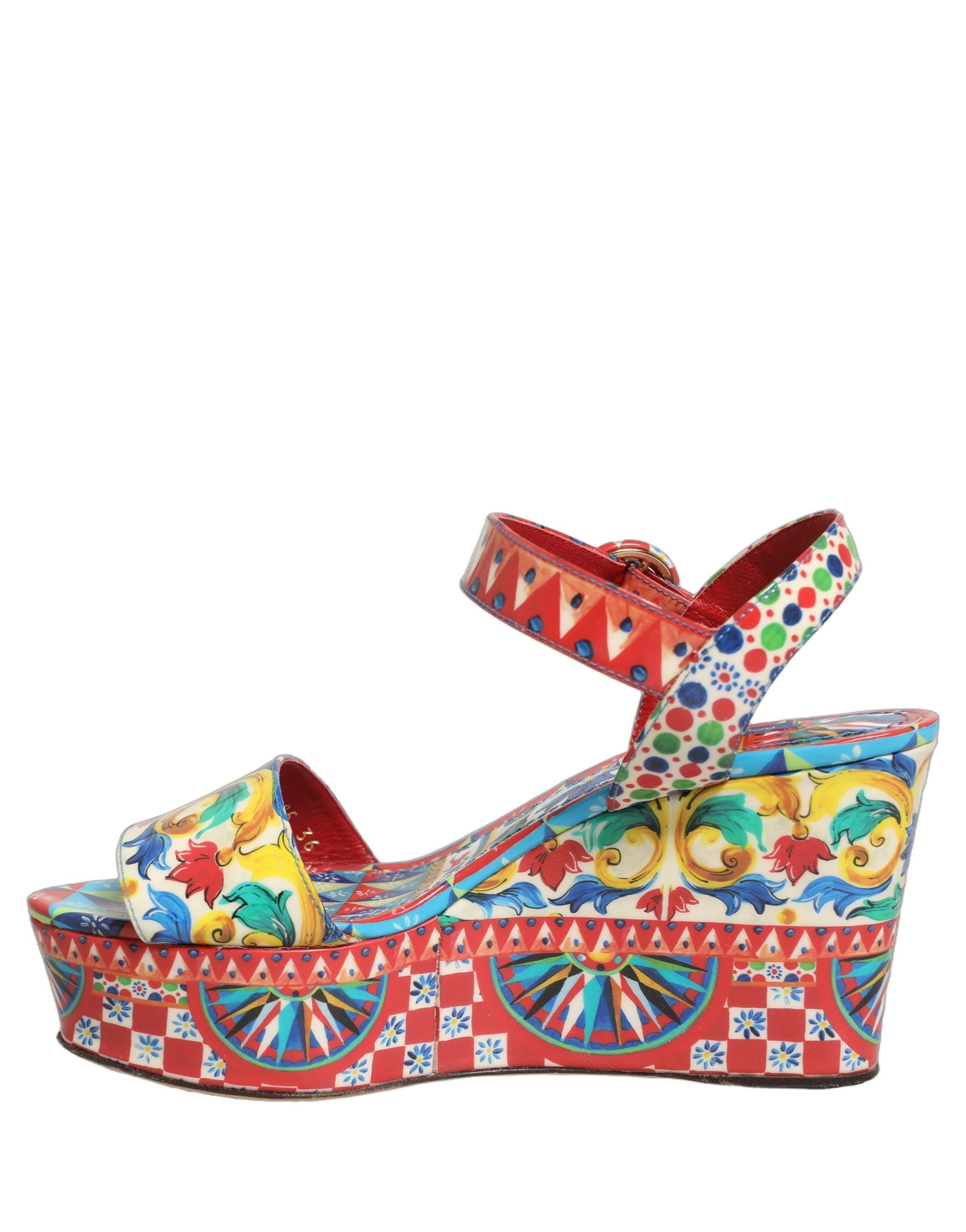 Dolce & Gabbana Multicolor Majolica Leather Wedge Sandals Shoes
