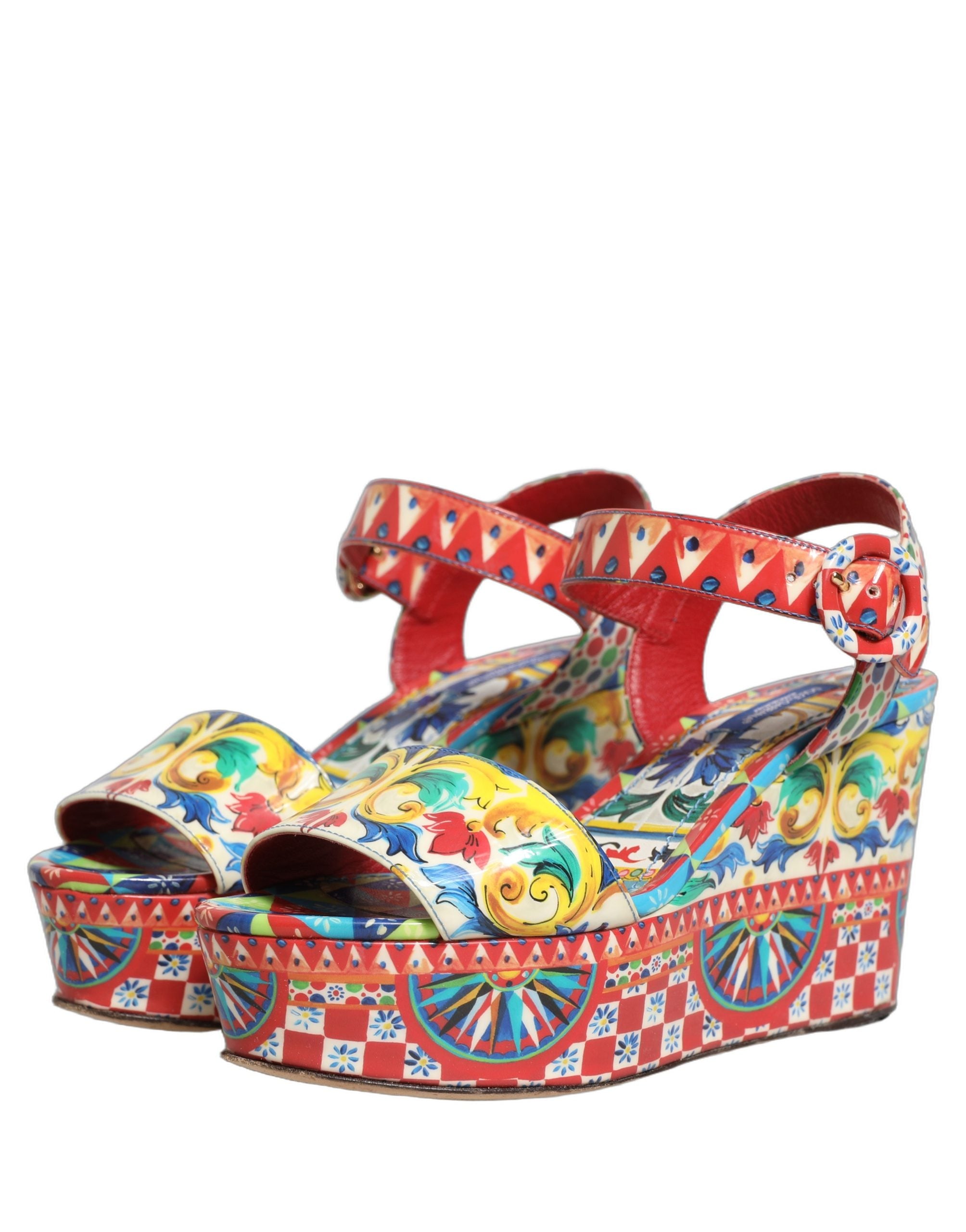 Dolce & Gabbana Multicolor Majolica Leather Wedge Sandals Shoes