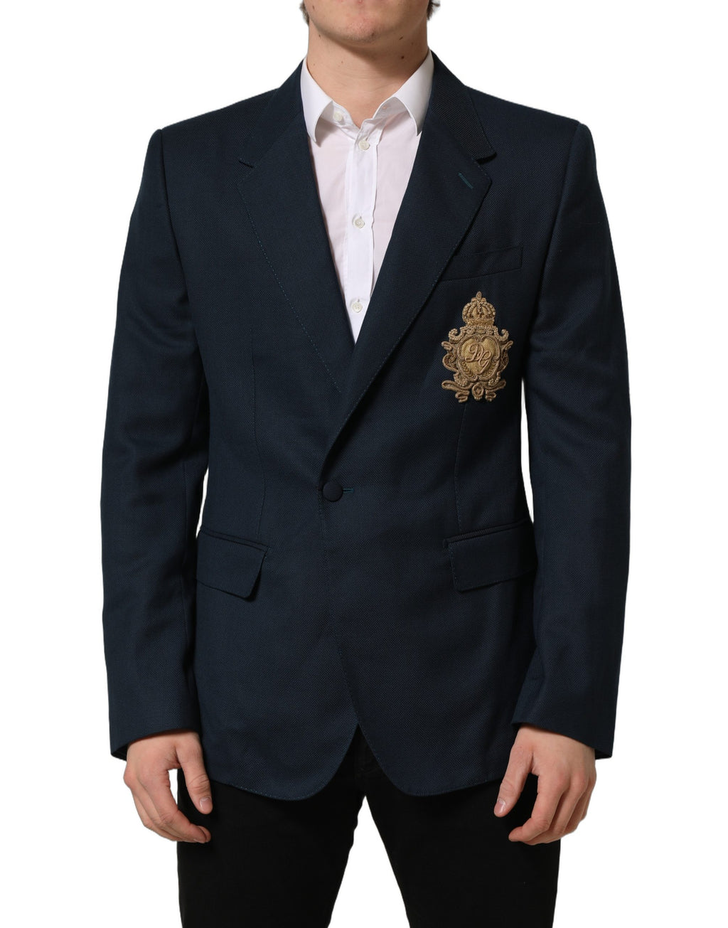 Dolce & Gabbana Blue Wool Logo Single Breasted Coat Blazer