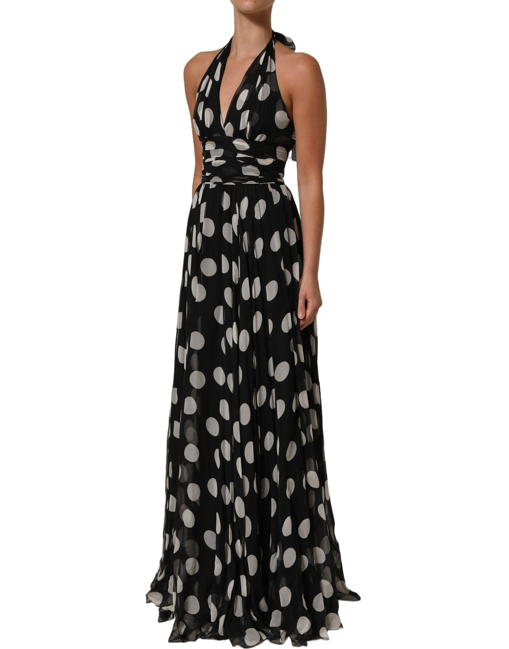 Dolce & Gabbana Black White Polka Dot Pleated Maxi Dress