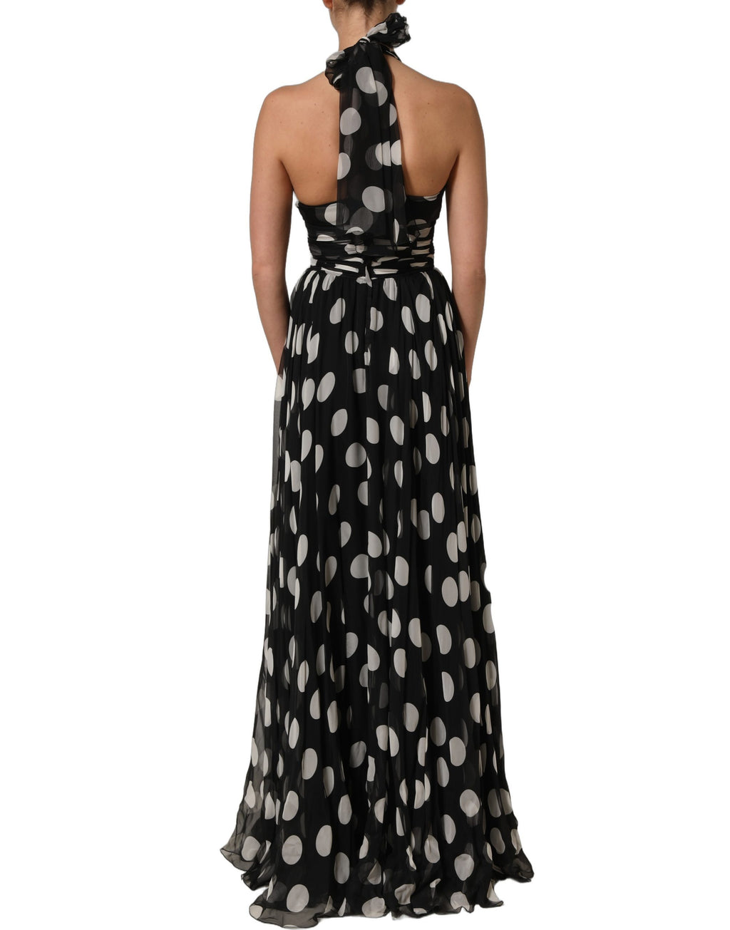 Dolce & Gabbana Black White Polka Dot Pleated Maxi Dress