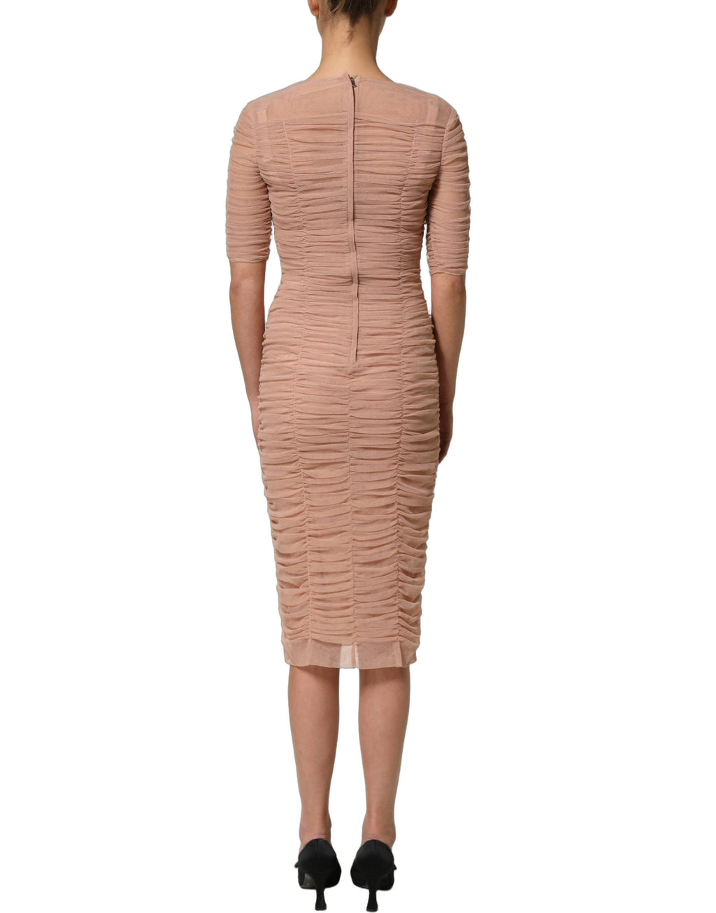 Dolce & Gabbana Beige Cotton Mesh Ruched Sheath Midi Dress