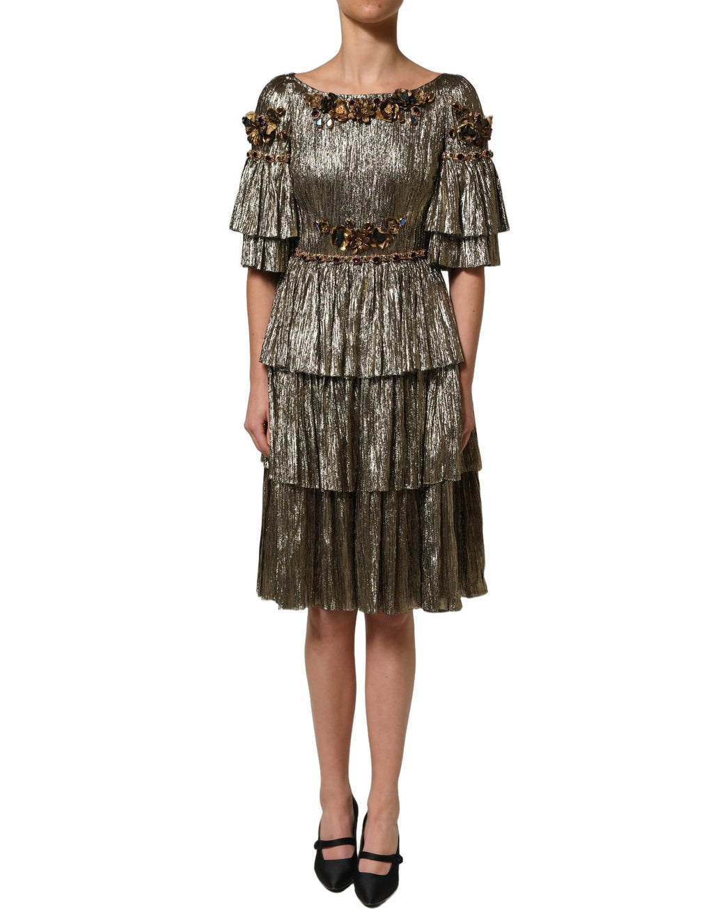 Dolce & Gabbana Metallic Gold Embellished Tiered Midi Dress