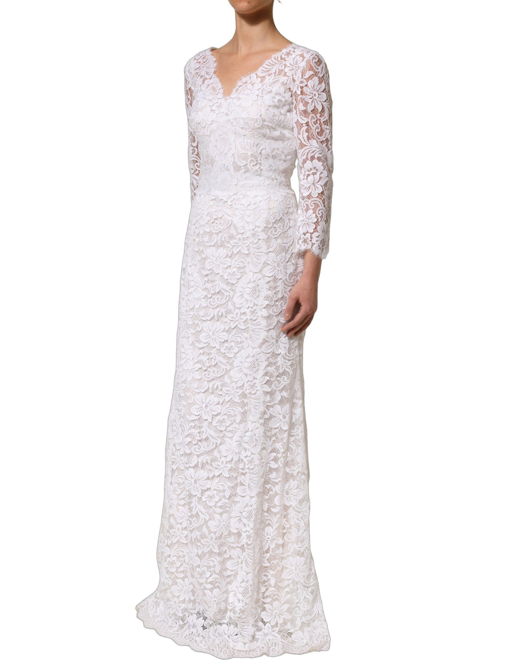 Dolce & Gabbana White Cotton Floral Lace Long Gown Dress