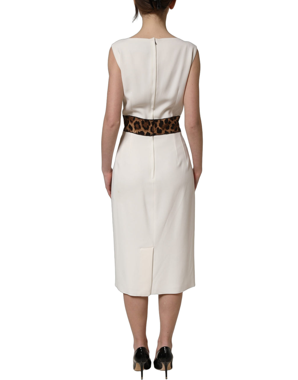 Dolce & Gabbana White Leopard Sleeveless Sheath Midi Dress